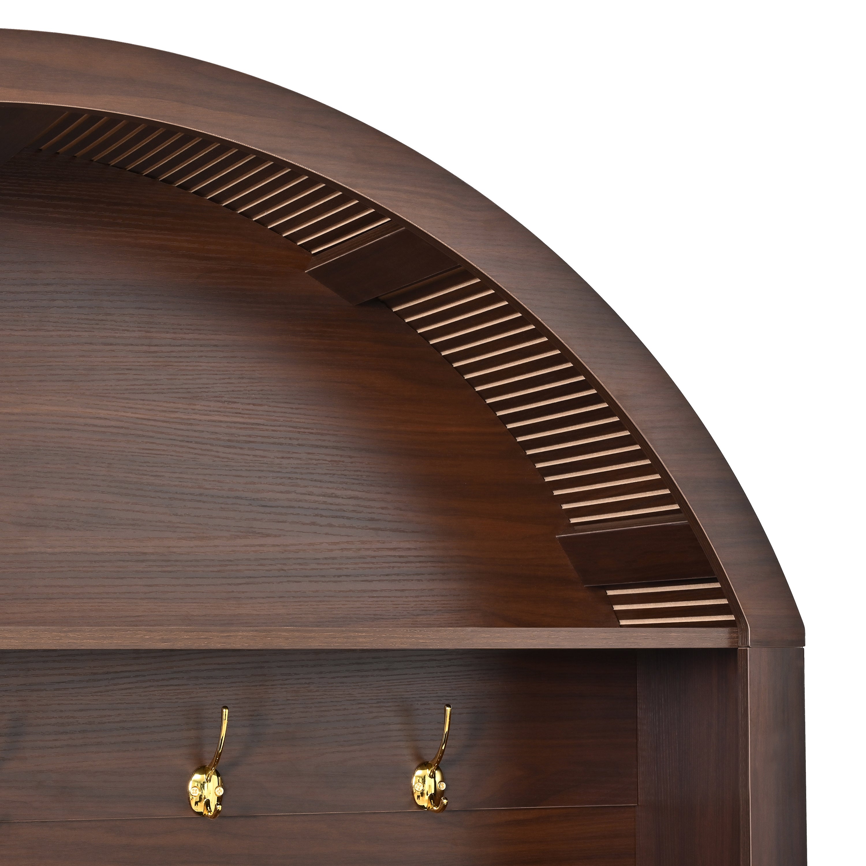 Farmhouse Fabric Arched Top Hall Tree with 5 Metal Hooks, All-in-One Mudroom Furniture with Adjustable Shelves, Mid-Century Fluted Door Entryway Bench with Wood Grain Finish for Hallway, Walnut - Grand Goldman Shop