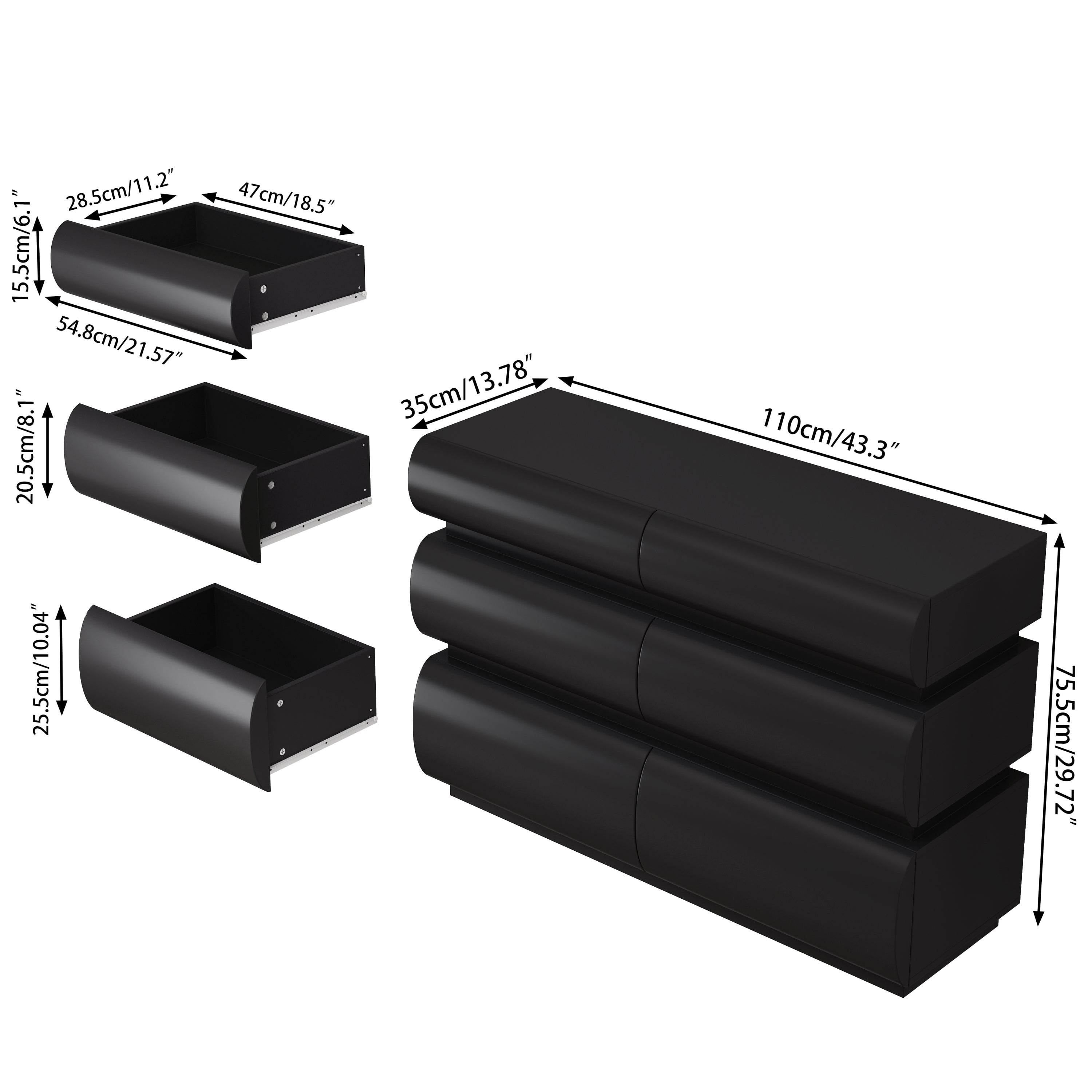 Minimalist Modern 6 Drawer Dresser in Black, Handle-Free Design with Wide Storage, MDF Construction, 43.31 x 15.75 x 29.53 inches - Grand Goldman Shop