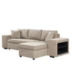 Modern L-Shape 3 Seat Reversible Sectional Couch with Pull Out Sleeper, Storage Chaise & 2 Stools, Cream, Linen Chenille - Grand Goldman Shop
