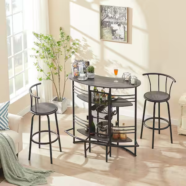 Oval Bar Table with Wood Counter Top and Wine Rack Storage, Wine Bakers Rack for Dining Room, Gray - Grand Goldman Shop