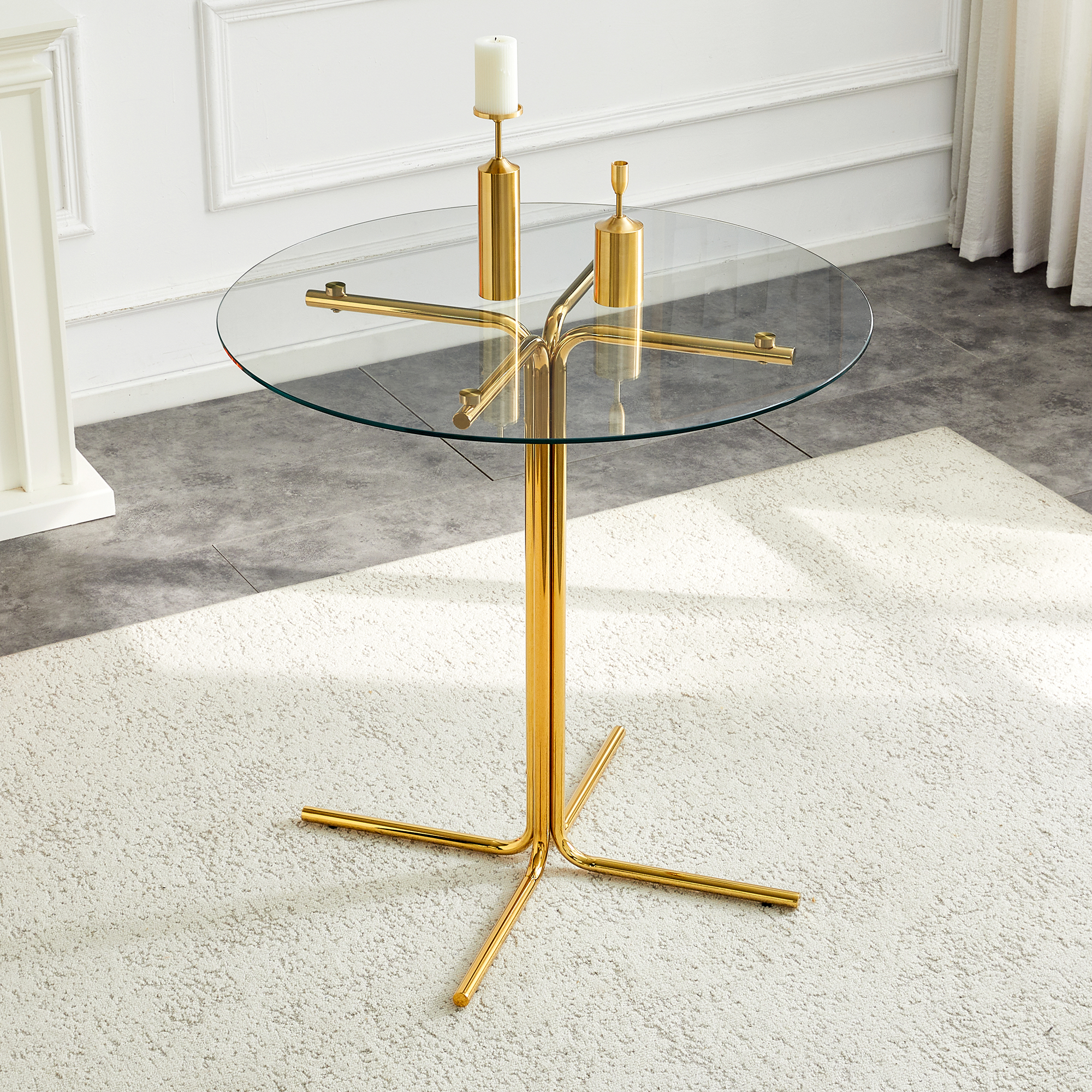 Round glass bar high table, 36 inch round bar table, tempered glass tabletop, sturdy gold chrome plated four column support, suitable for transparent round bar tables in small spaces, kitchens - Grand Goldman Shop