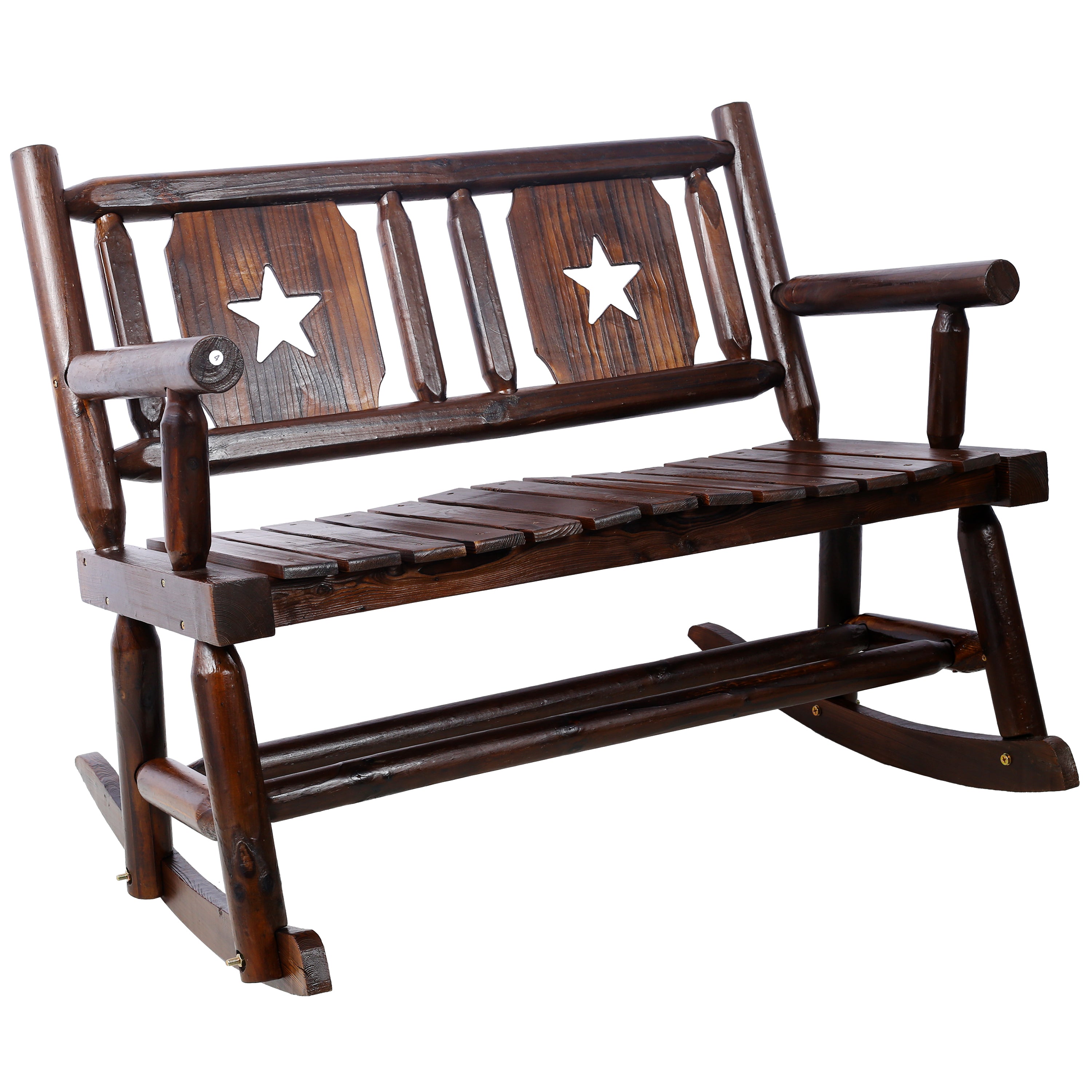 Outdoor Wood Rocking Bench Carbonized Double Rocking Chair for 2 Persons with Wide Curved Seat, Porch Rocker for Porch, Garden, Backyard, Rustic Brown - Grand Goldman Shop