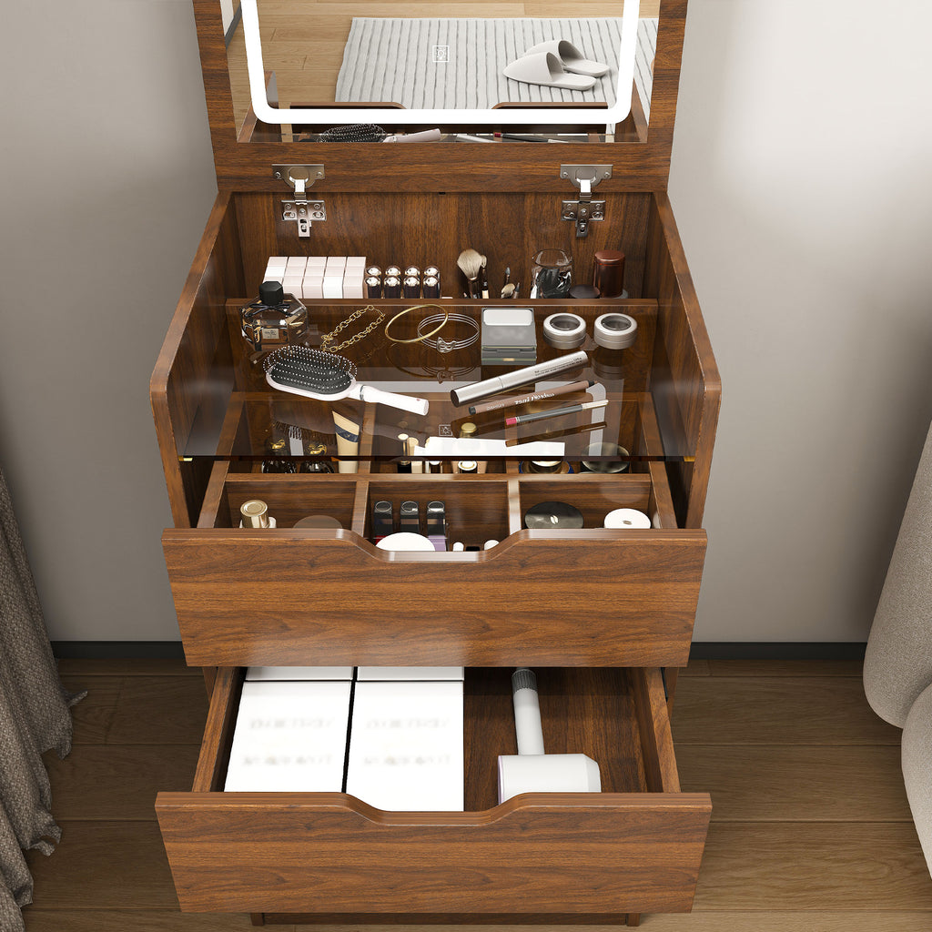 3-in-1 Vanity Desk with Lighted Mirror & Stool, Flip Top Makeup Dressing Table in Walnut Finish, Compact Storage for Bedroom or Bathroom - Grand Goldman Shop