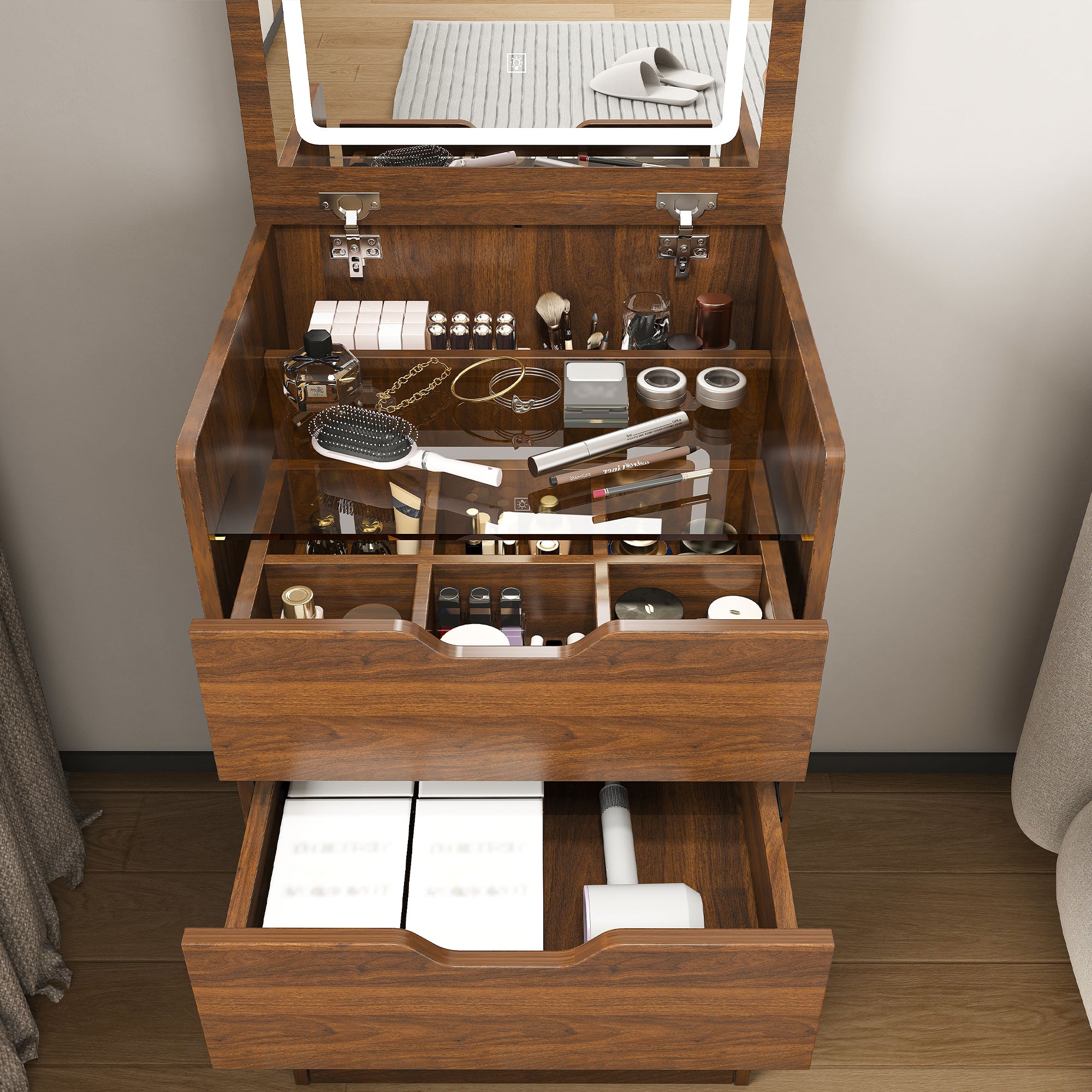 3-in-1 Vanity Desk with Lighted Mirror & Stool, Flip Top Makeup Dressing Table in Walnut Finish, Compact Storage for Bedroom or Bathroom - Grand Goldman Shop