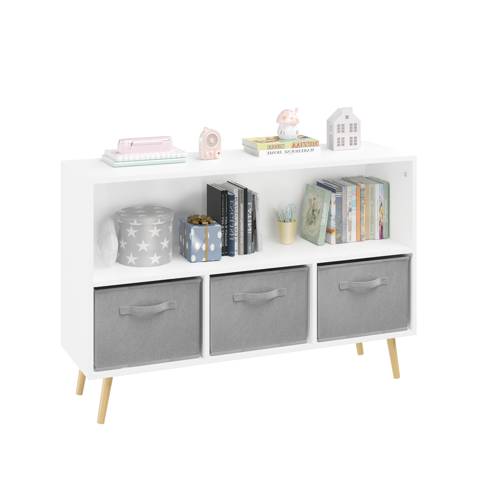 Kids Bookcase with Collapsible Fabric Drawers, Children's Book Display, Toy Storage Cabinet Organizer, White/Gray, MDF+Pine |