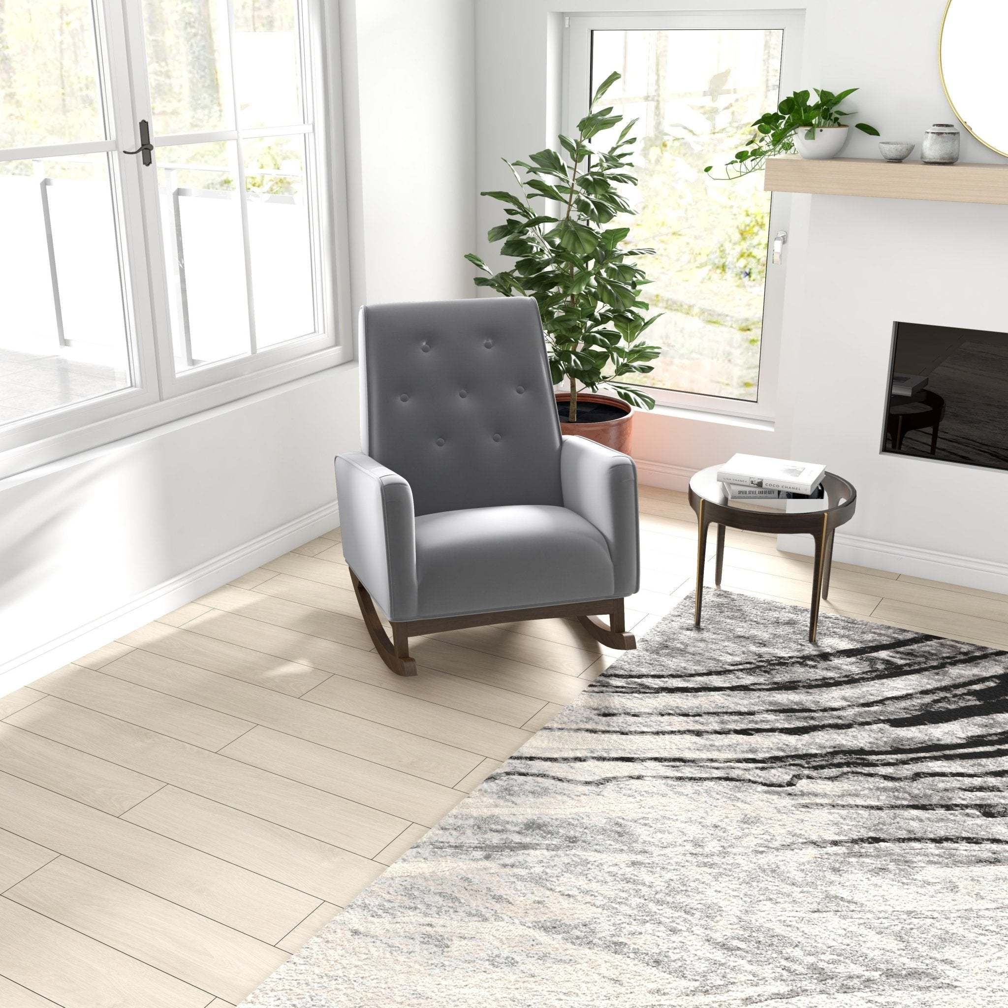 Premium Demetrius Light Grey Fabric Solid Wood Rocking Chair for Living Room and Nursery 36.6'H x 27.5'W x 39'D or Living Room Bedroom Reading - Grand Goldman Shop