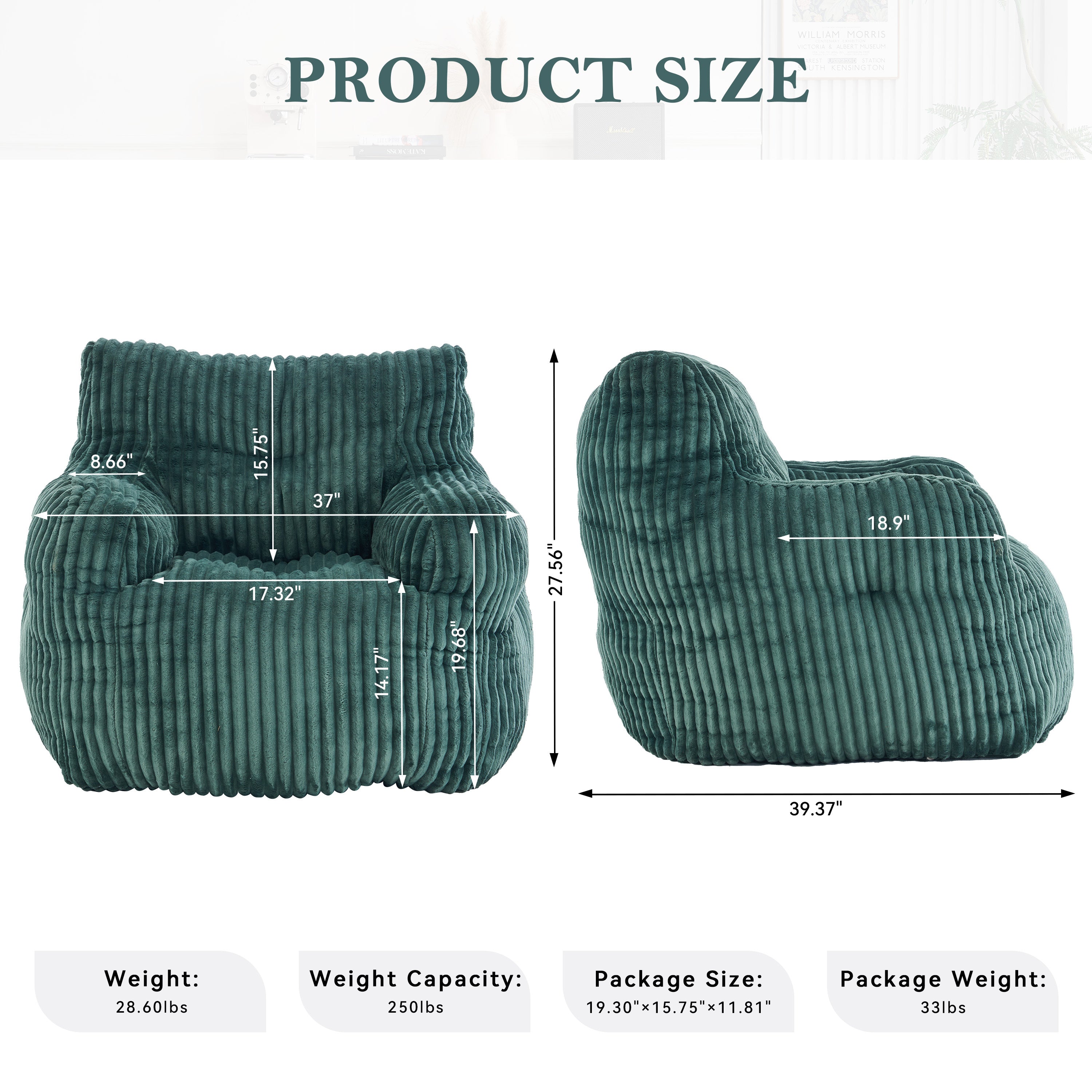 010-Soft Fluffy Corduroy Fabric Bean Bag Chair Filled With Memory Sponge,Green - Grand Goldman Shop