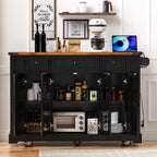 K&K 53'' Farmhouse Kitchen Island with Two Tempered Glass Cabinet Doors, Power Outlet, Rolling Kitchen Cart on Wheels with Drop Leaf, 5 Open Side Racks, 3 Drawers, for Kitchen, Dining Room, Black - Grand Goldman Shop