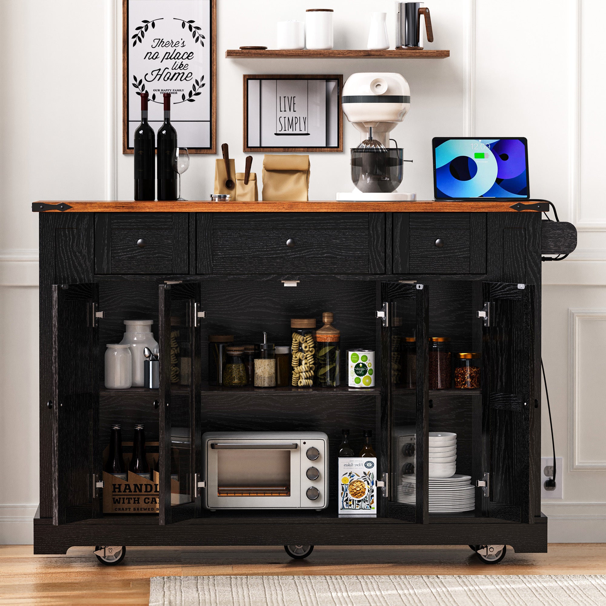 K&K 53'' Farmhouse Kitchen Island with Two Tempered Glass Cabinet Doors, Power Outlet, Rolling Kitchen Cart on Wheels with Drop Leaf, 5 Open Side Racks, 3 Drawers, for Kitchen, Dining Room, Black - Grand Goldman Shop