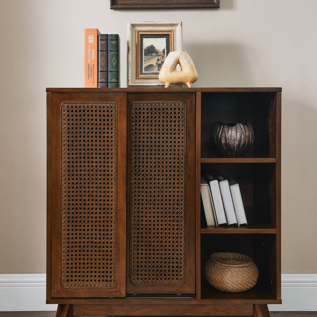 Mid Century Modern Rattan Sideboard Cabinet, Buffet Cabinet for Entryway Hallway Living Room Kitchen Dining Room, Adjustable Shelf & Solid Wood Feet & Rattan Cabinet Doors - Dark Wood - Grand Goldman Shop