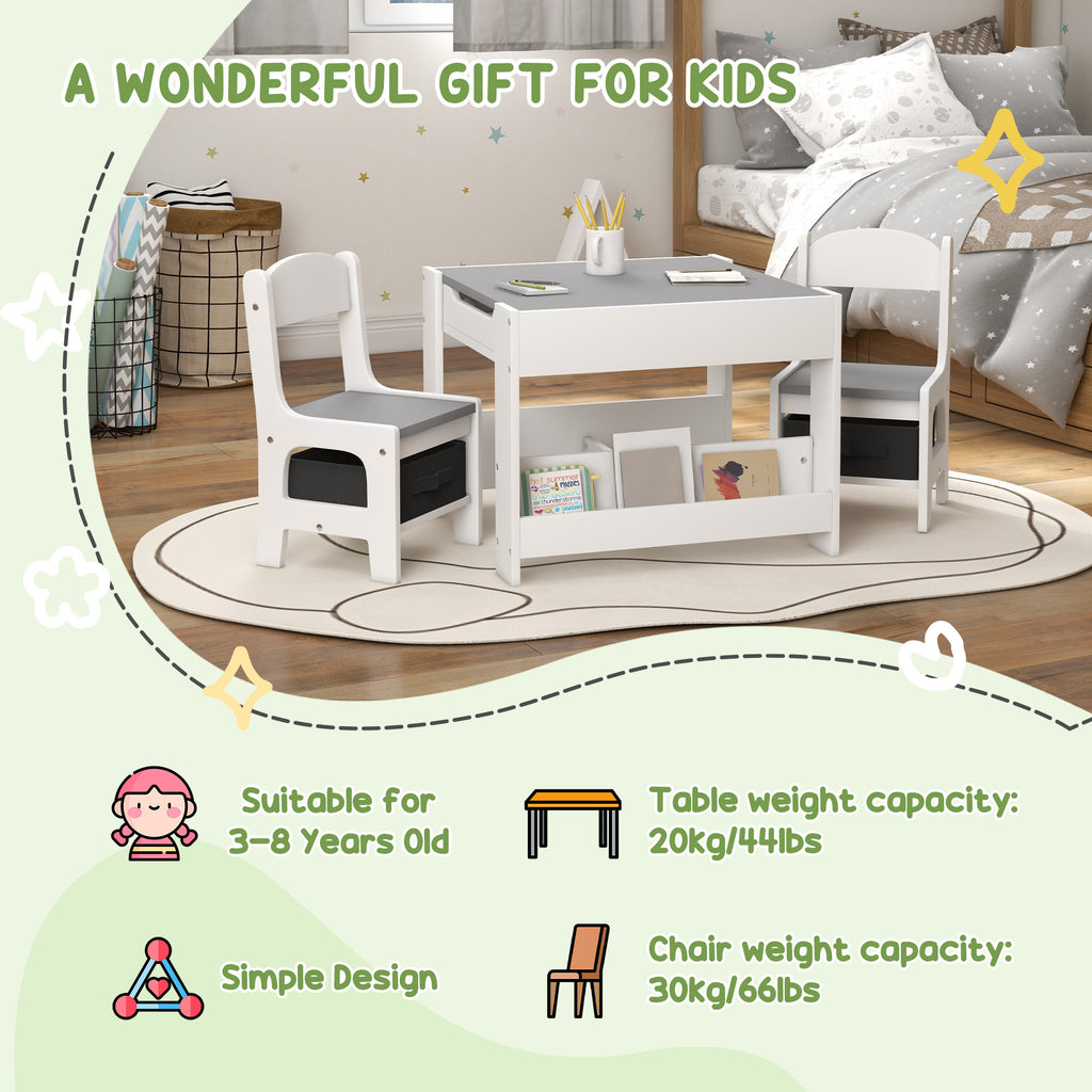 Qaba 3 Piece Kids Table and Chair Set, 2 in 1 Toddler Table and Chair Set with Reversible Tabletop Blackboard, Storage & Book