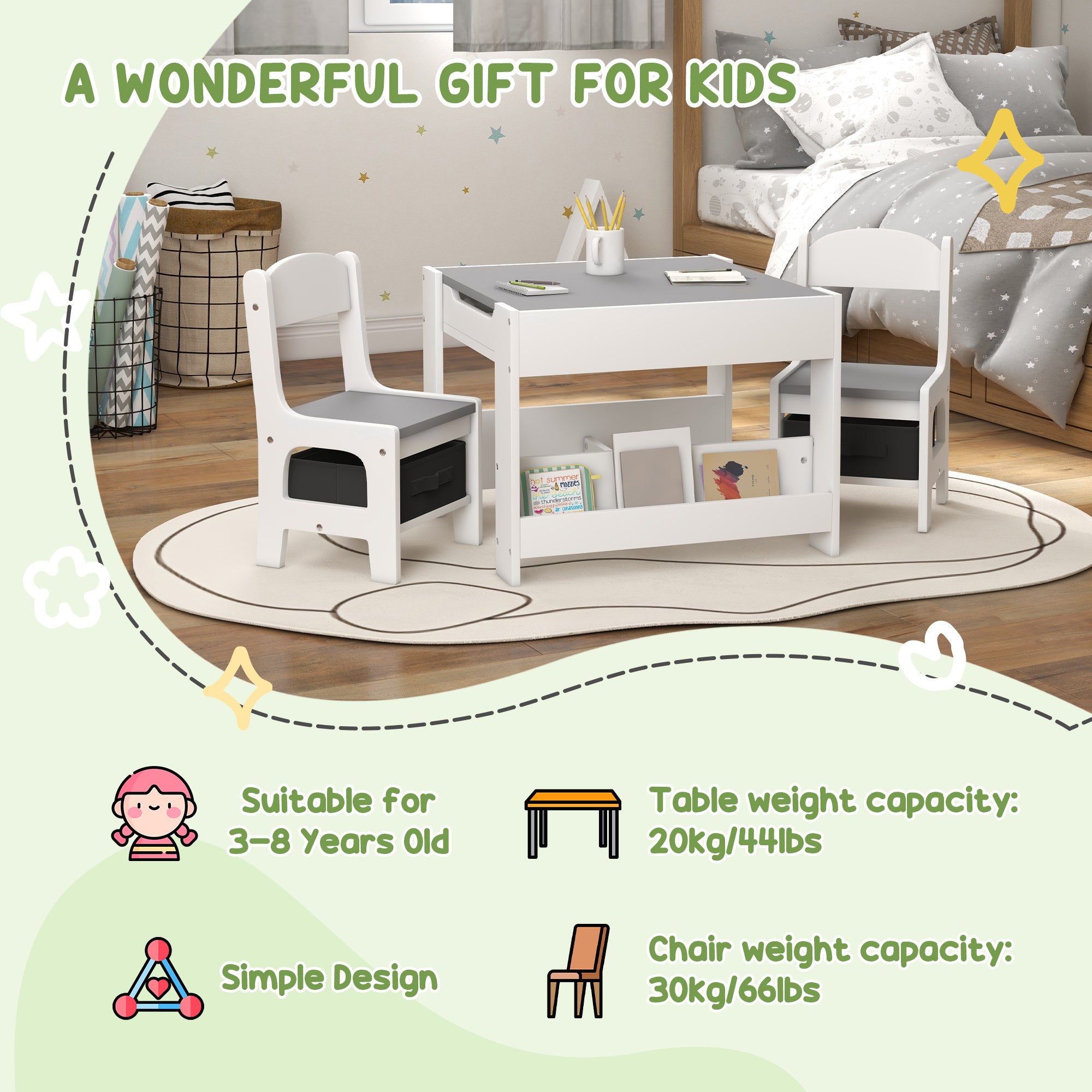 Qaba 3 Piece Kids Table and Chair Set, 2 in 1 Toddler Table and Chair Set with Reversible Tabletop Blackboard, Storage & Book