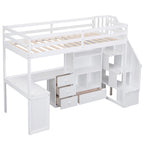 White Twin Size Loft Bed with L-Shaped Desk, Drawers, Cabinet, and Storage Staircase - Pine Wood & MDF - Grand Goldman Shop