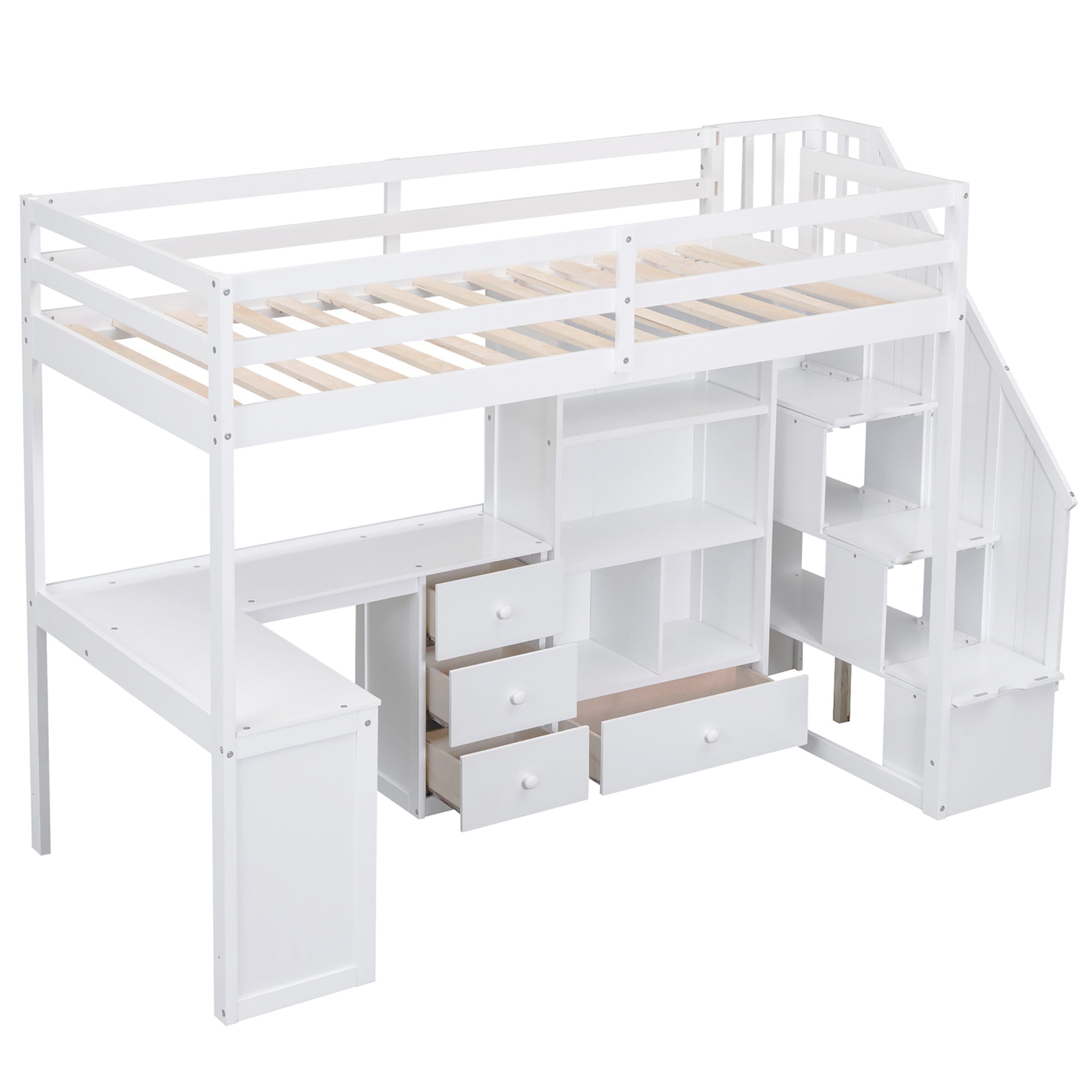 White Twin Size Loft Bed with L-Shaped Desk, Drawers, Cabinet, and Storage Staircase - Pine Wood & MDF - Grand Goldman Shop