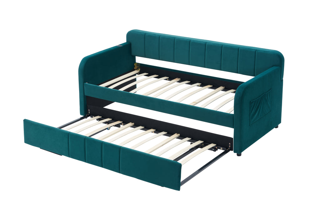 Twin Upholstered Daybed Frame with Trundle, Twin Size Sofa Bed for Bedroom Living Room Guest Room, Wood Slat Support,Emerald - Grand Goldman Shop