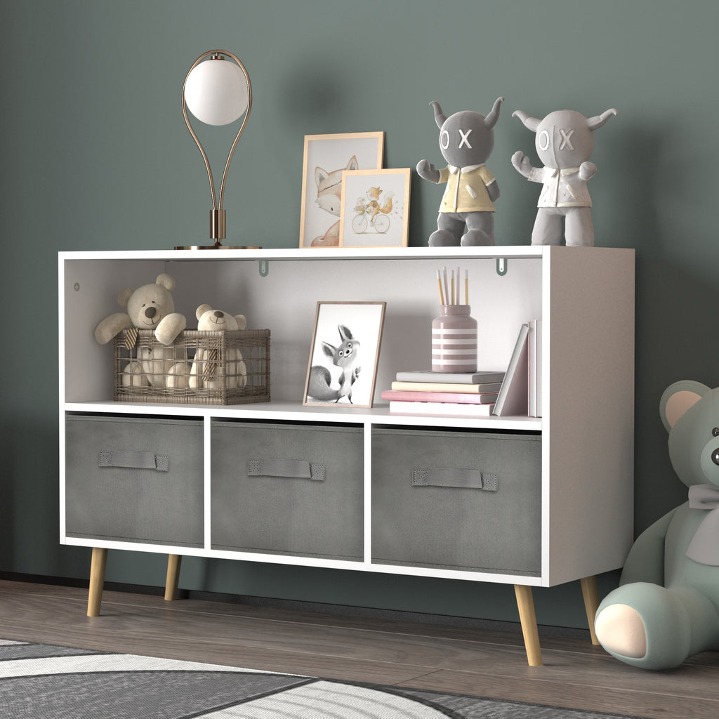 Kids Bookcase with Collapsible Fabric Drawers, Children's Book Display, Toy Storage Cabinet Organizer, White/Gray, MDF+Pine -