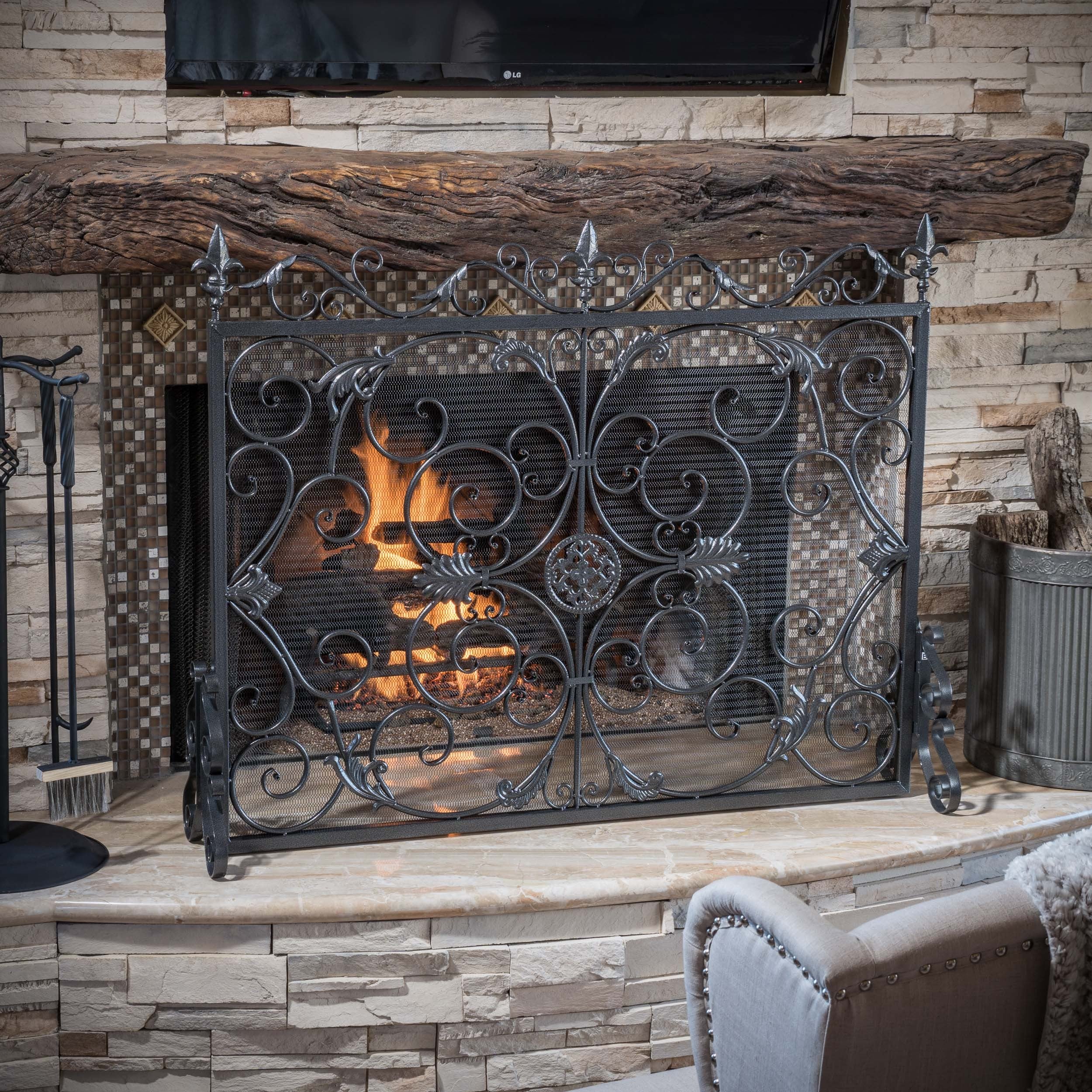 Darcie Wrought Iron Fireplace Screen with Intricate Detailing, Black Finish, Victorian Inspired Design, 10' D x 44' W x 35.5' H - Grand Goldman Shop