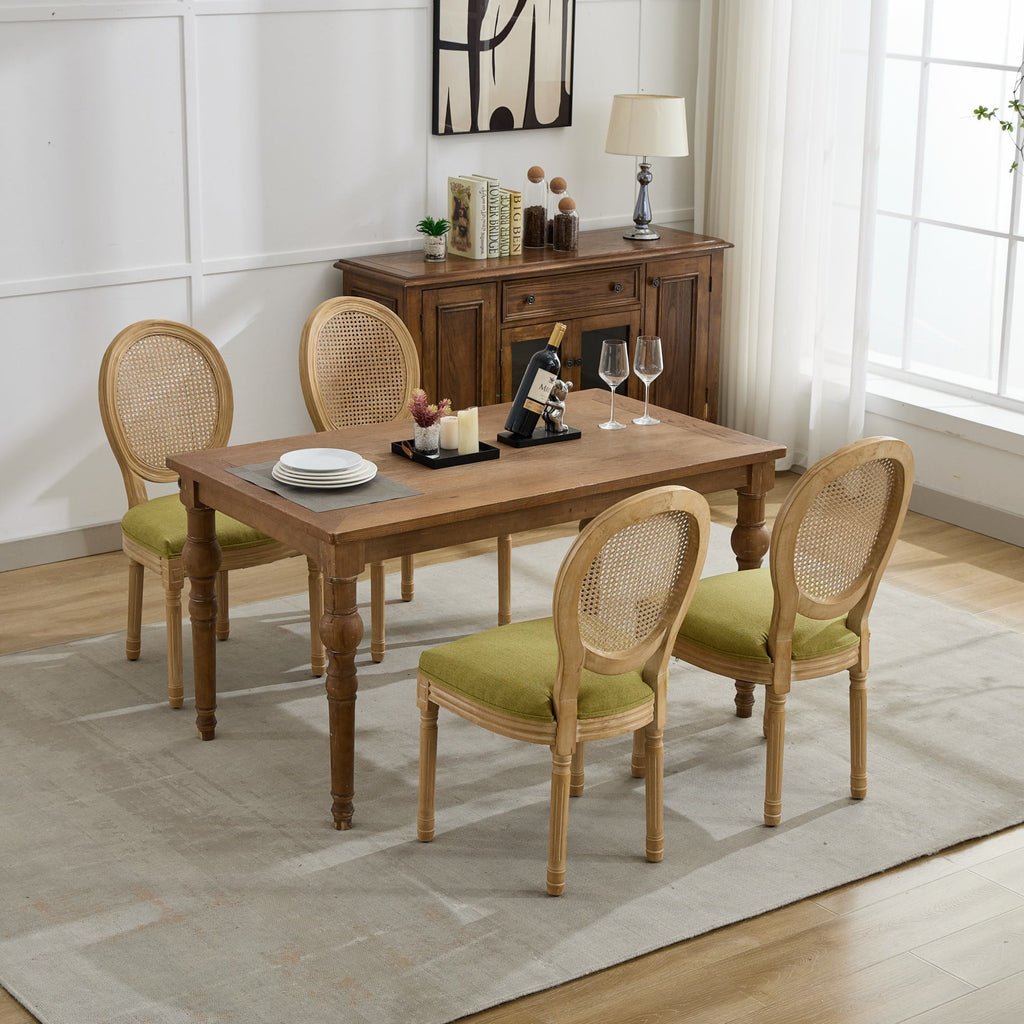 A&A Furniture,French Style Solid Wood Frame Antique Painting Linen Fabric Rattan Back Dining Chair,Set of 2,Olive-Green - Grand Goldman Shop