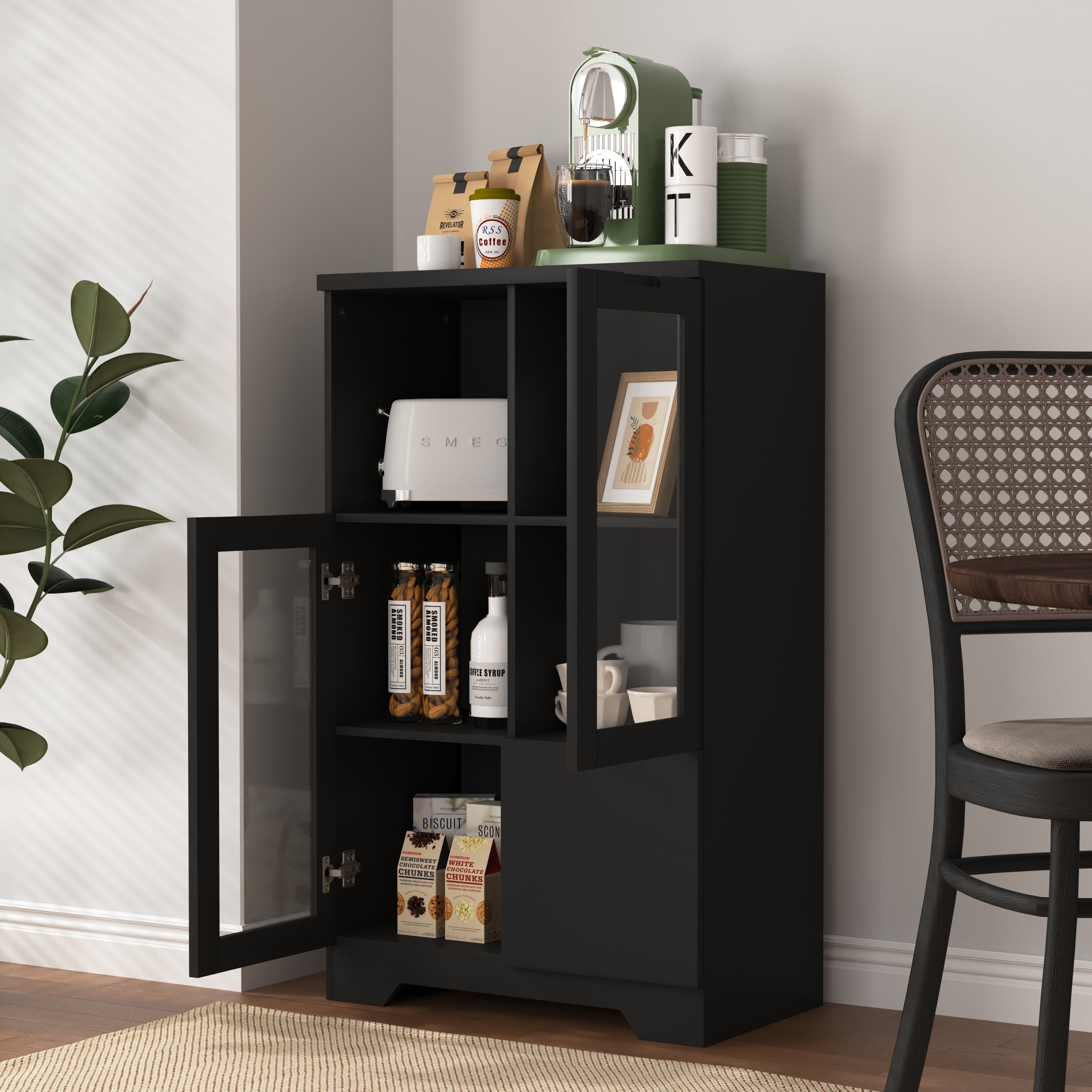 Modern MDF Painted Cabinet with Glass Doors and Drawer, Black, Bedroom or Living Room Storage - Grand Goldman Shop