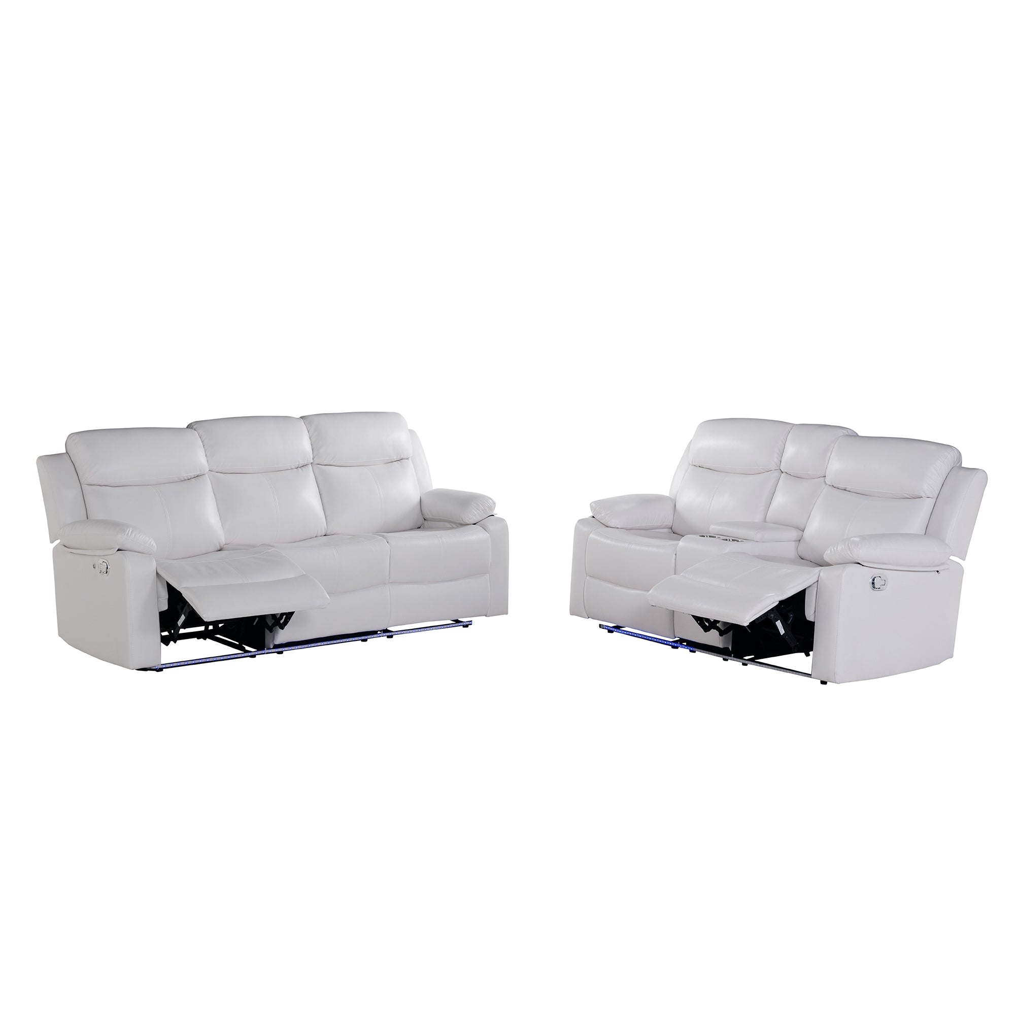 Blanche White 2PC Reclining Sofa and Loveseat with LED Lights and Speaker in White Wood Frame, Medium Firm Seating - Grand Goldman Shop