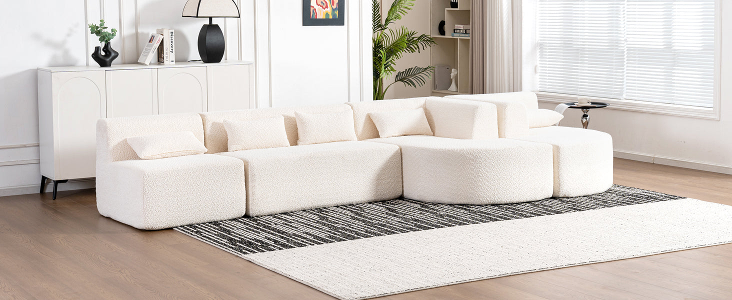 Modern Upholstered L-Shape Sofa with Chaise Lounge and Back Pillows, Beige Boucle Fabric, 144 inches - Grand Goldman Shop