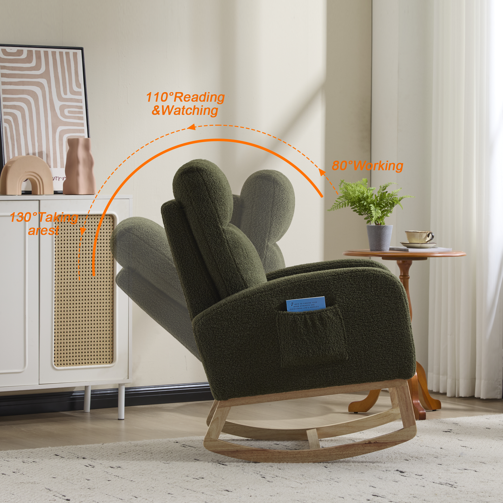 Modern Accent Rocking Chair Rocking Chair with Solid Wood Legs, Upholstered Nursery Glider Rocker, Comfy Armchair with Side Pocket, Living Room Lounge Arm Chair with High Backrest (green,teddy) - Grand Goldman Shop