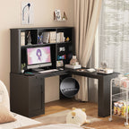 L Shaped Desk with Charger,Computer Desk with Drawers,Bookshelf,Modern Corner Desk,Home Office Desk,L-Shaped Study Table Writ