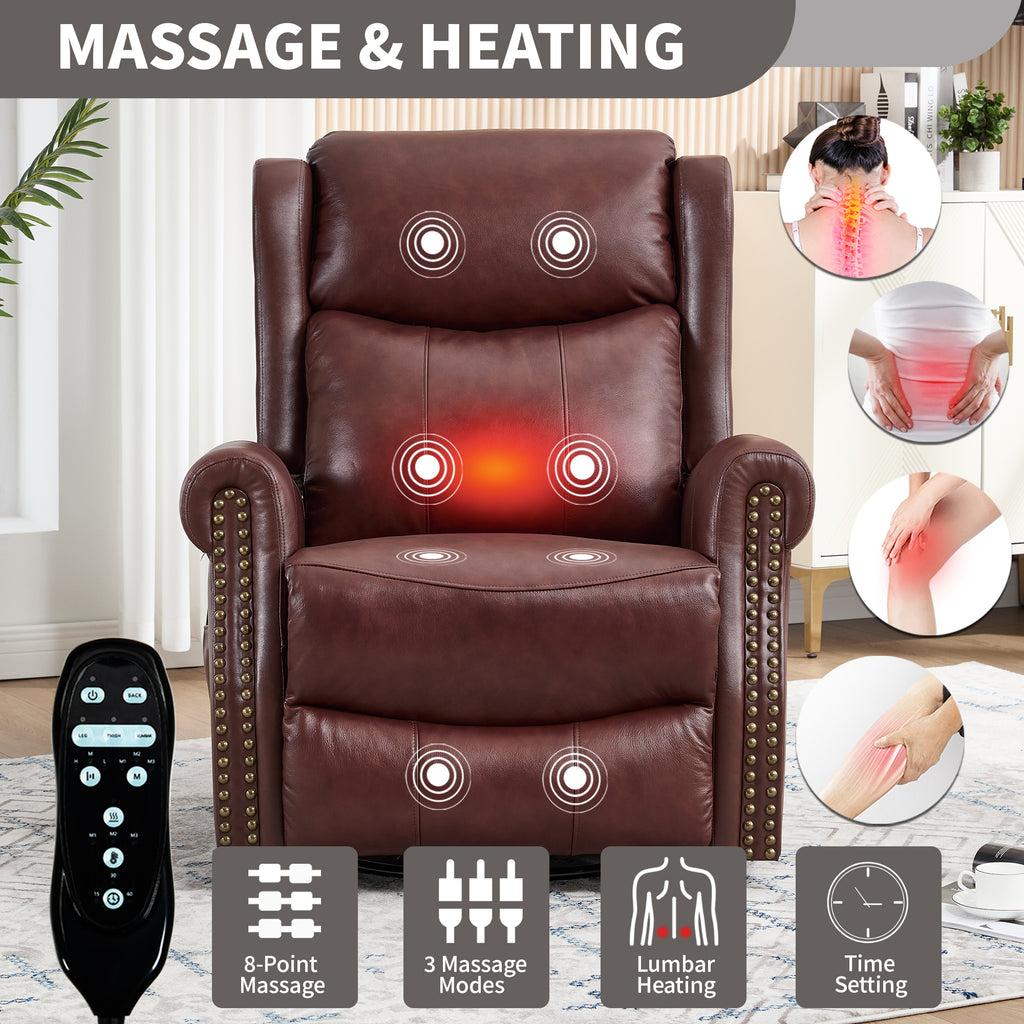 Heat Massage Manual Recliner Chair with Rocker and Swivel in Genuine leather for Living Room, Red - Grand Goldman Shop