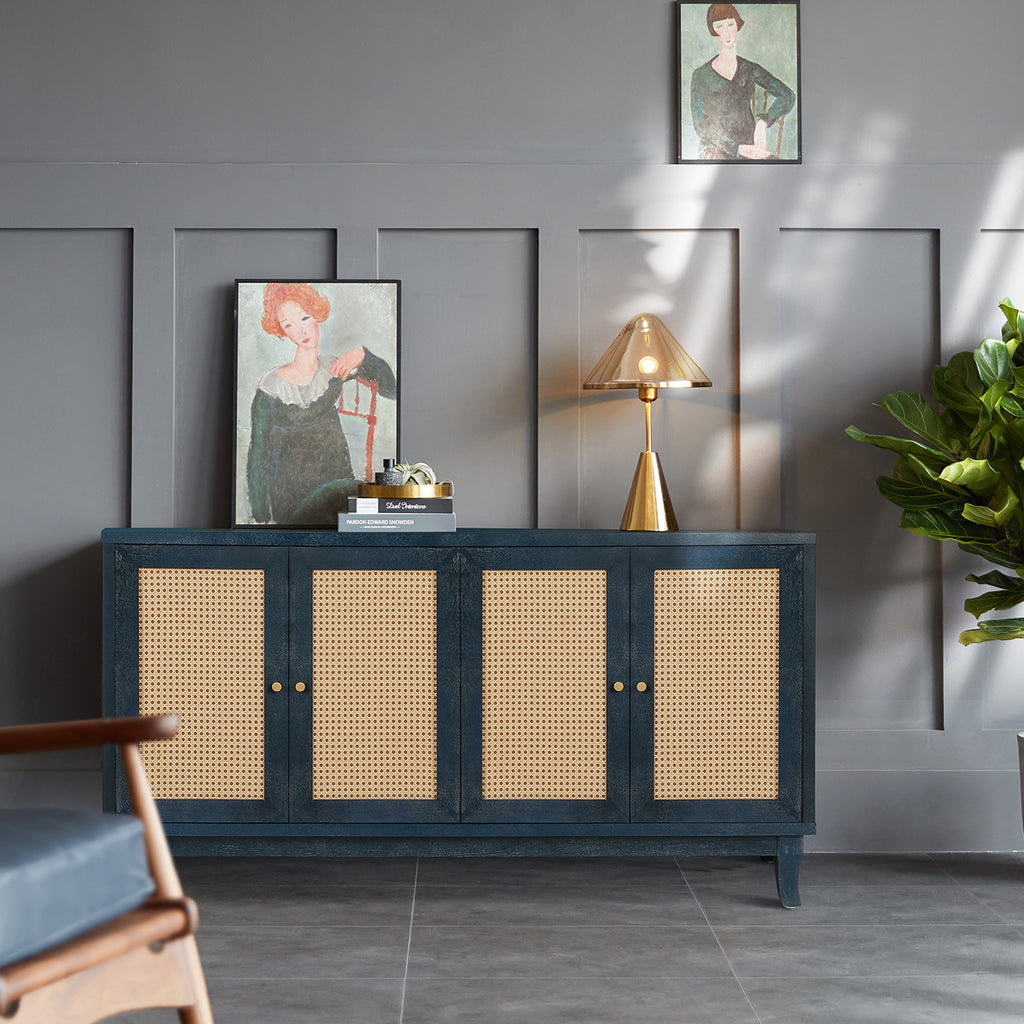 Handcrafted Premium Grain Panels,Rattan Sideboard Buffer Cabinet,Accent Storage Cabinet With 4 Rattan Doors, Modern Storage Cupboard Console Table with Adjustable Shelves for Living Room ,BLUE - Grand Goldman Shop