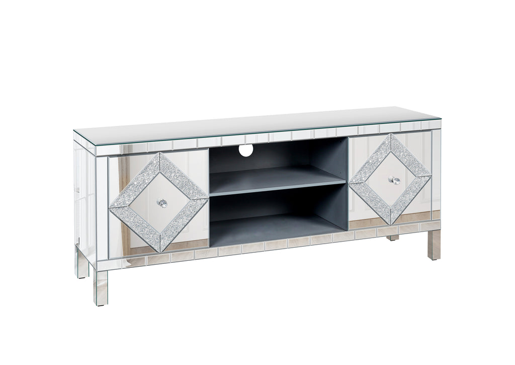 Mirrored TV Stand for 65+ inch TV,Sliver TV Console Table with Open Storage & 2 Storage Cabinets ,Diamond Shape Sparkling Mirror Doors for Living Room(59''W x 25.2''H x 15.7D) - Grand Goldman Shop
