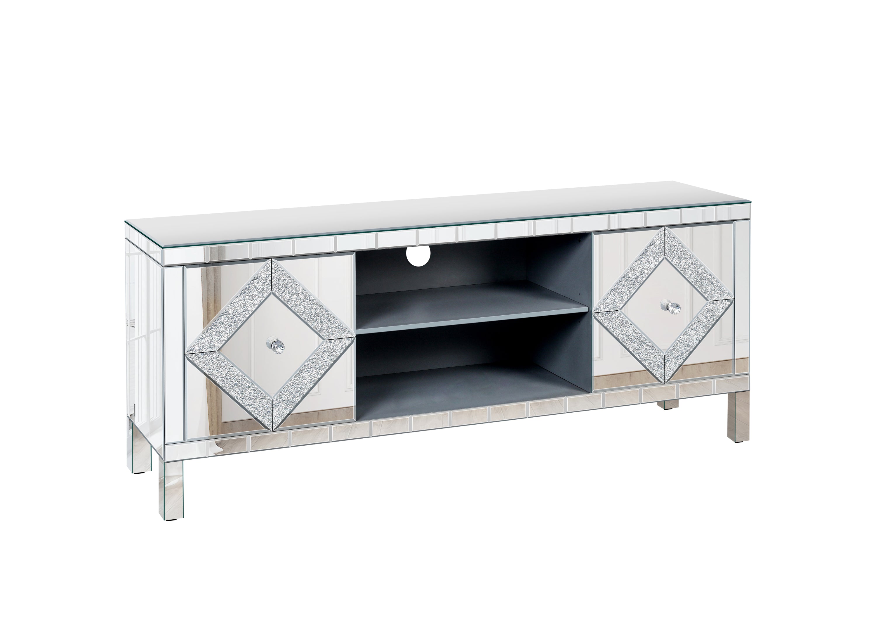 Mirrored TV Stand for 65+ inch TV,Sliver TV Console Table with Open Storage & 2 Storage Cabinets ,Diamond Shape Sparkling Mirror Doors for Living Room(59''W x 25.2''H x 15.7D) - Grand Goldman Shop