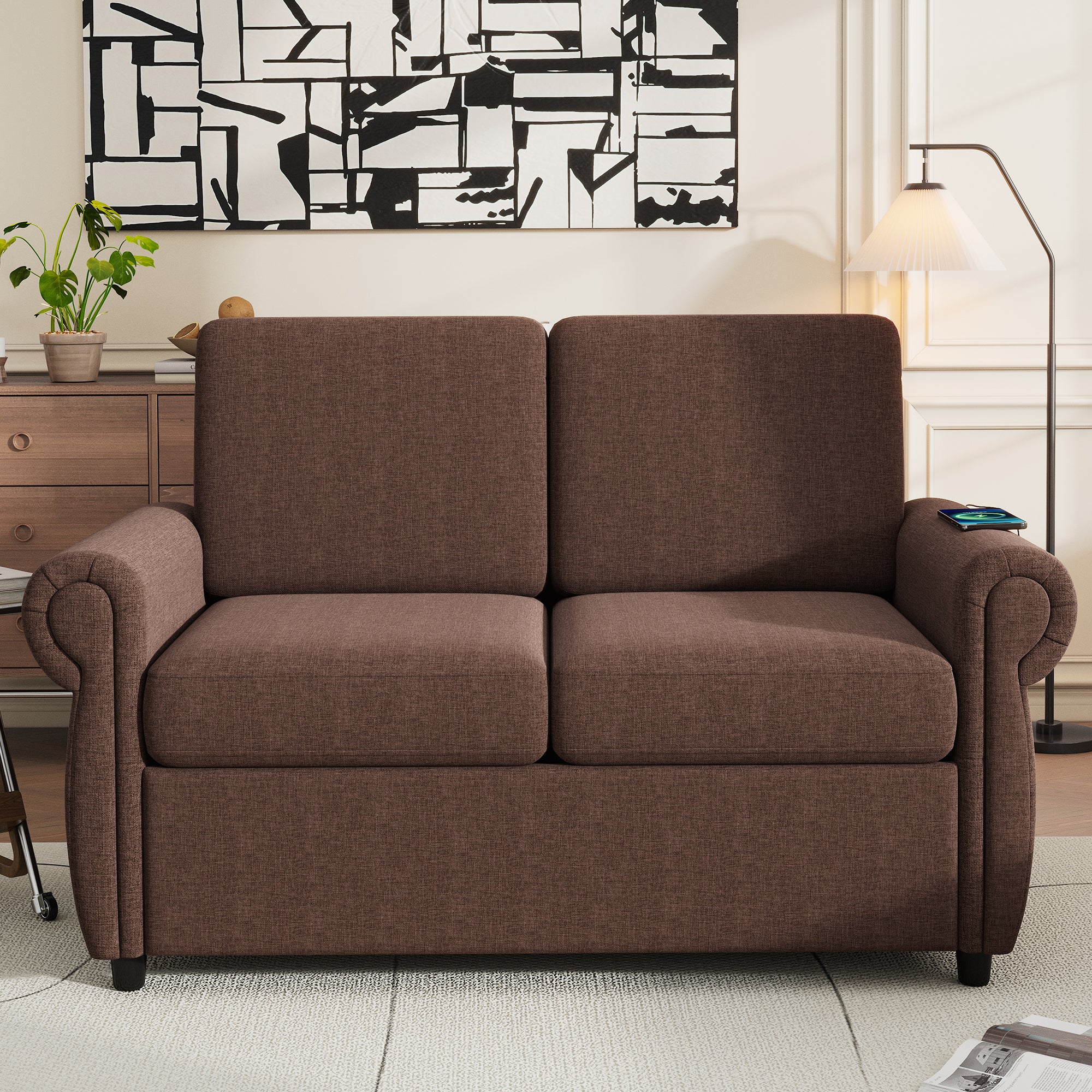 Orisfur Pull Out Sofa Bed Loveseat Sleeper with Twin Size Memory Mattress, USB Ports, Brown Linen, 57.9' - Grand Goldman Shop