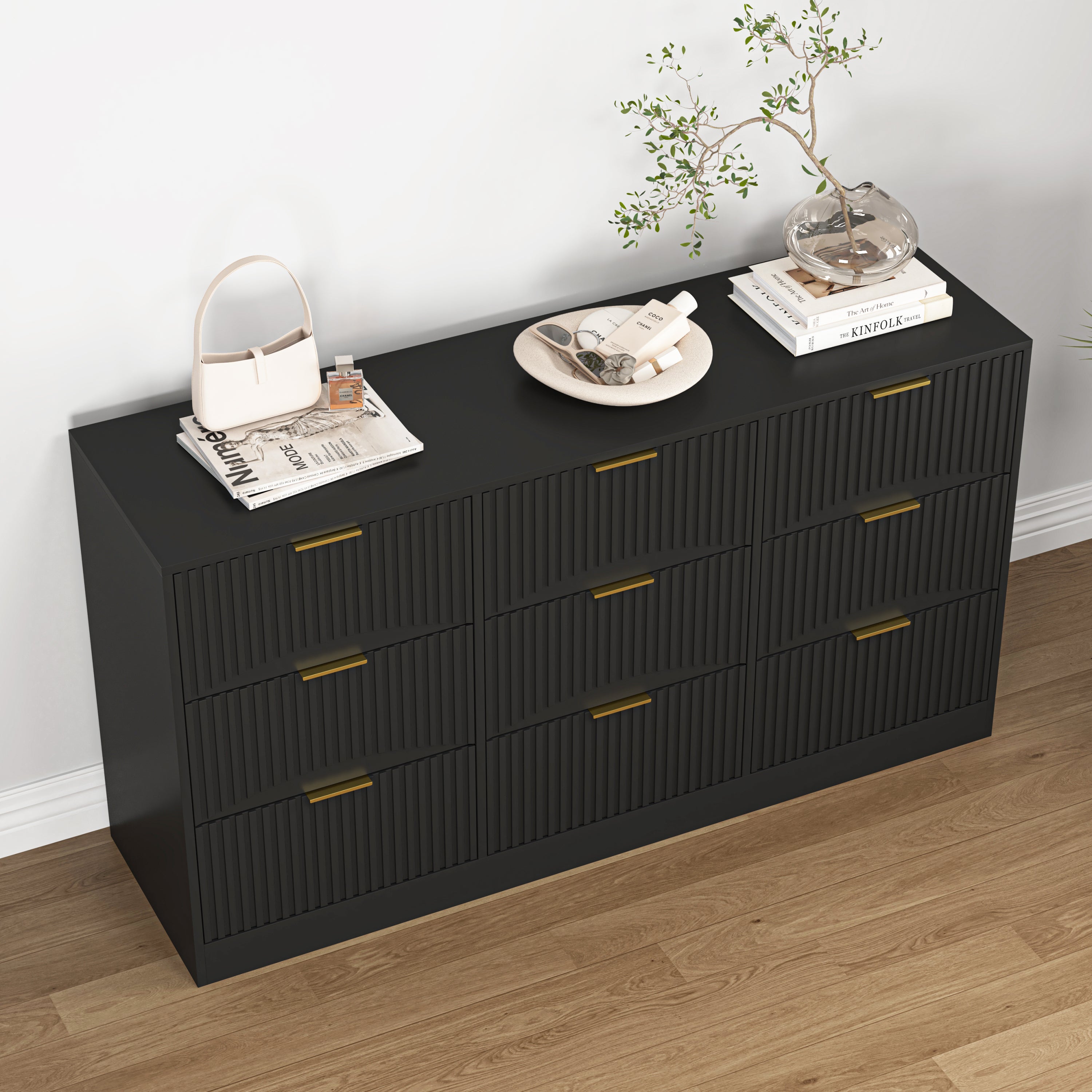 Black 9 Drawer Dresser, 63' Large Deep Chest of Drawers, Wooden Dresser Storage Cabinet with 9 Drawers for Bedroom, Long Dressers for Living Room, Hallway, Drawer panel with wavy patterns - Grand Goldman Shop