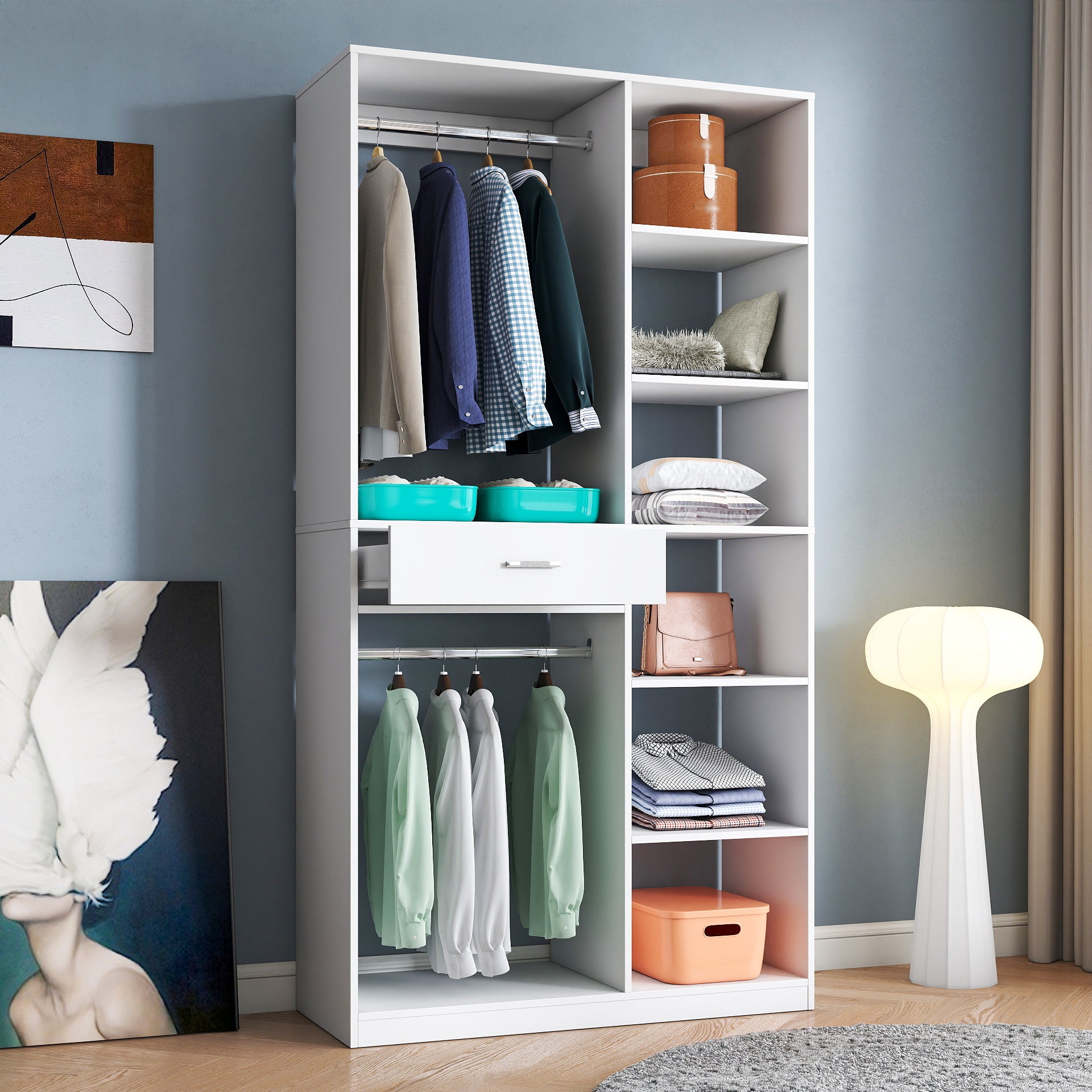 Freestanding Closet System,  Stand-Alone Wardrobe with 6 open Shelves,74.8'' Heigh Closetwith 1 Wood Drawers, Wood Walk-in Closet with 2 Hanging Rod, White - Grand Goldman Shop