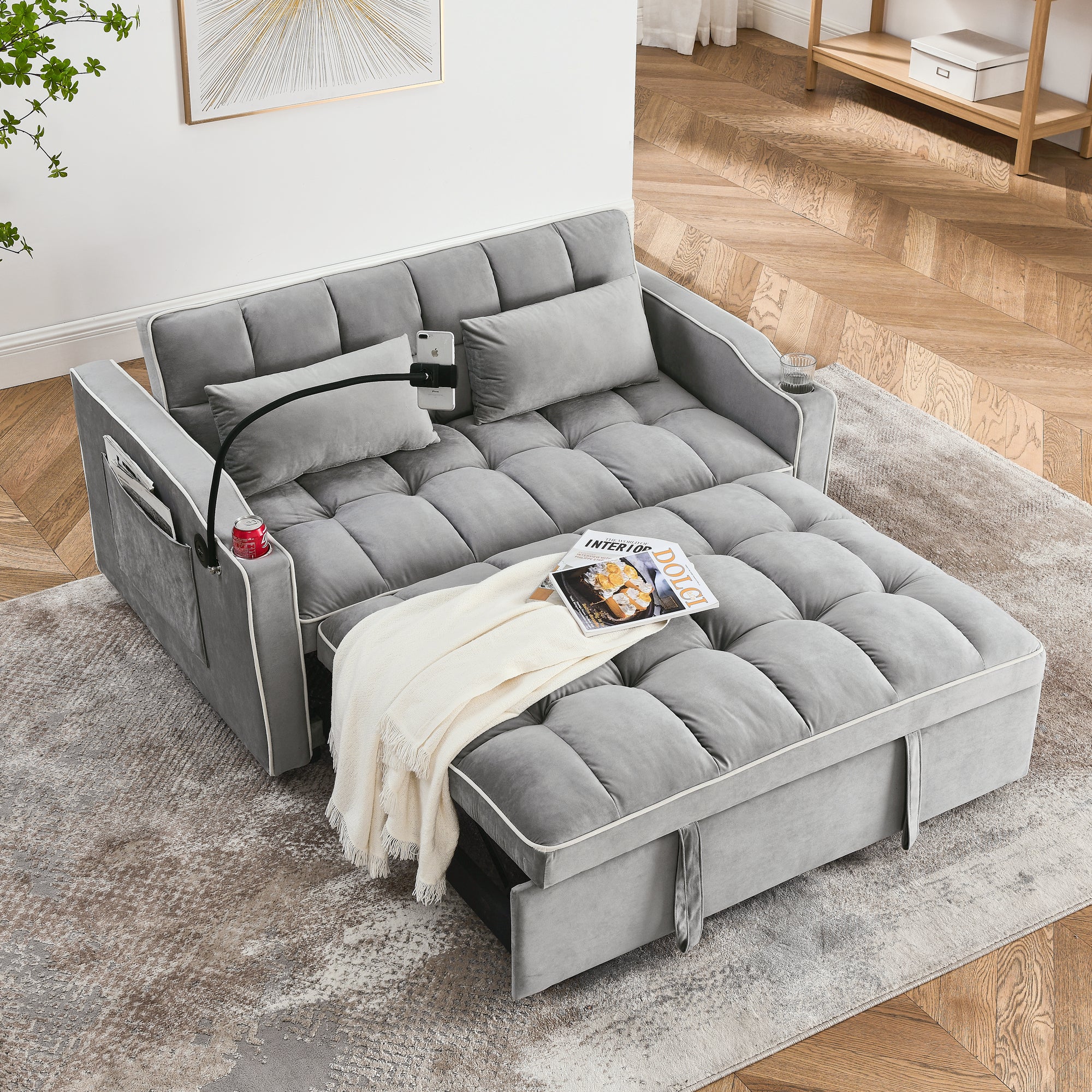 55.51 inch versatile foldable sofa bed in 3 lengths, modern sofa sofa sofa velvet pull-out bed, adjustable back and with USB port and ashtray and swivel phone stand (Grey) - Grand Goldman Shop