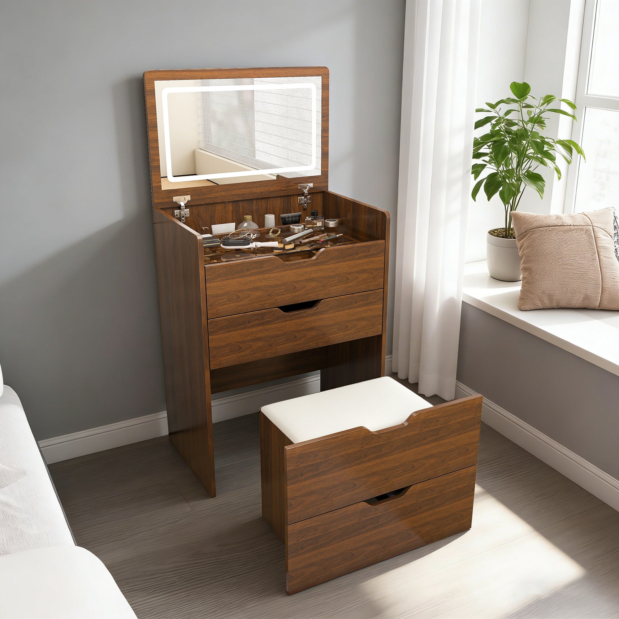 3-in-1 Vanity Desk with Flip Top Lighted Mirror & Storage Stool, Compact Makeup Dressing Table in Walnut Finish, 23.62L - Grand Goldman Shop
