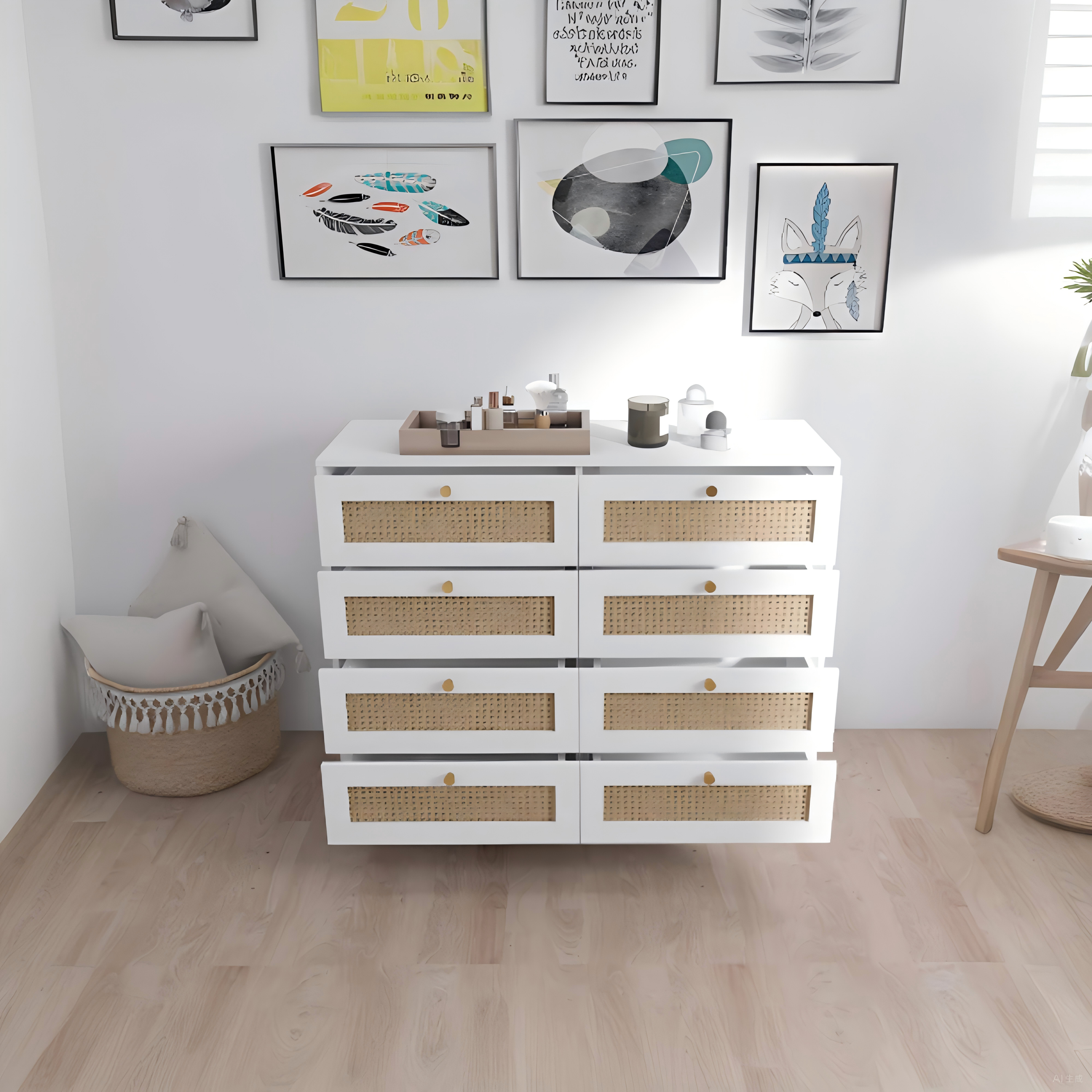 White Color 8 Drawers Chest of Drawers with Rattan Drawer Face Golden Legs and Handles - Grand Goldman Shop