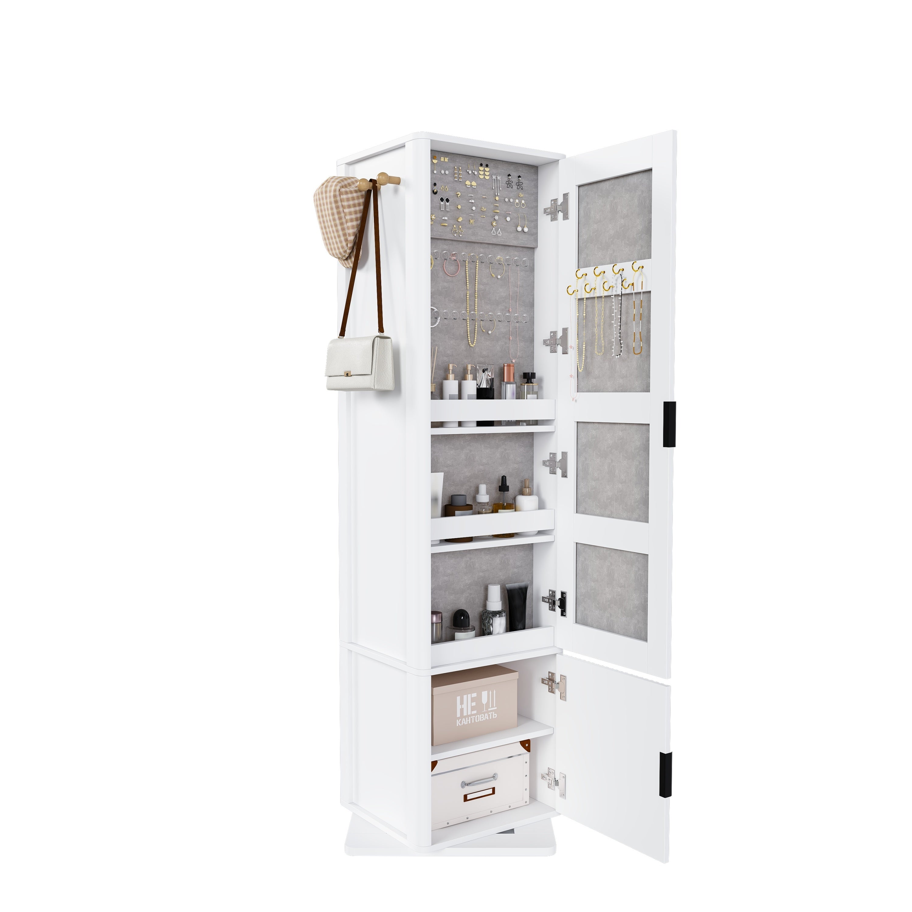 360° Rotating White Makeup Cabinet with Full-Length Mirror, Jewelry Storage, Coat Rack, 4 Open Shelves, 2 Built-In Shelves, MDF and Glass - Grand Goldman Shop