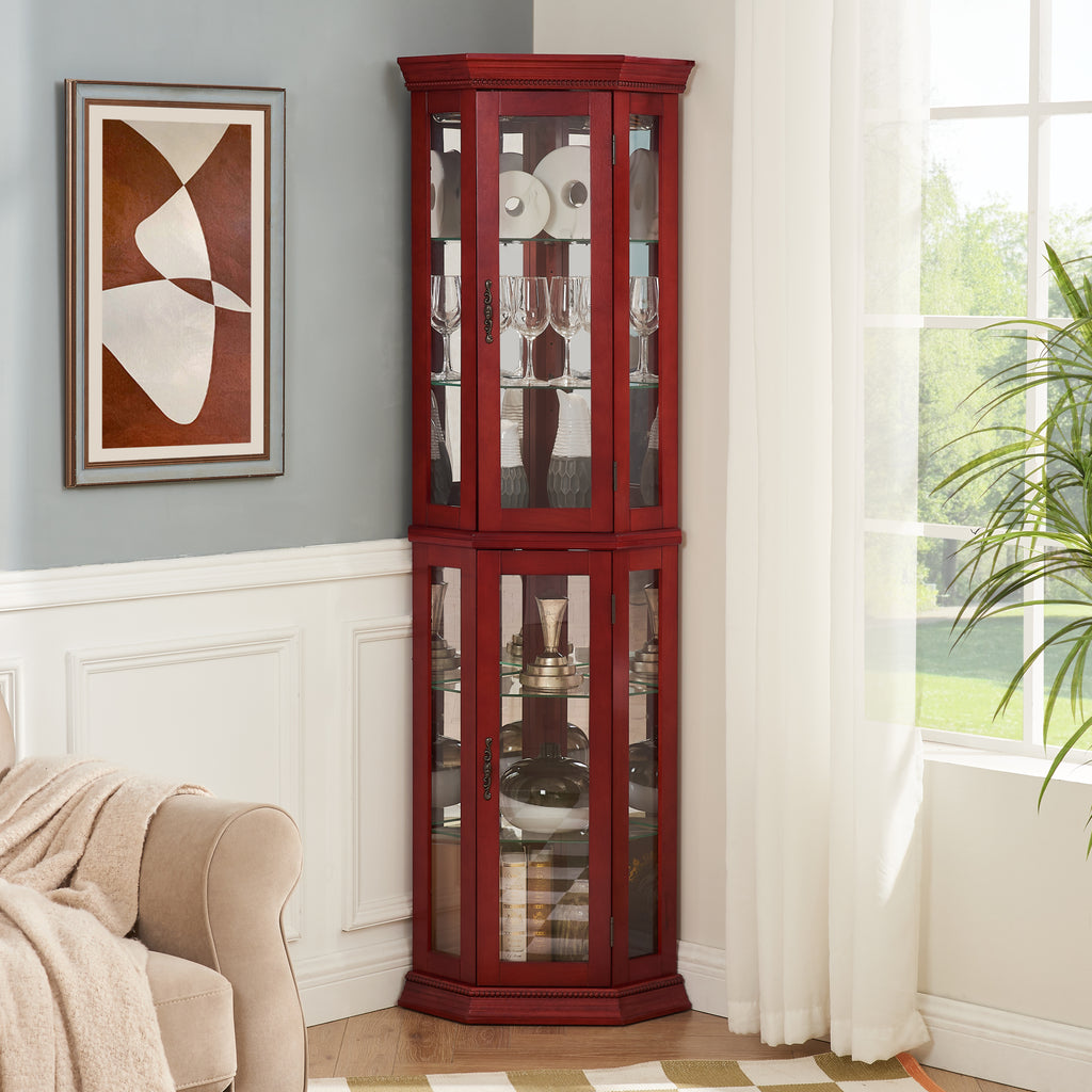 Corner Curio Cabinet Lighted Corner Display, Glass Display Shelf Shelving Bar cabinet with Tempered Glass Door, Bar Cabinet,Cabinet with Adjustable Shelf Glass Cabinet Shelves Bead Bulb Included - Grand Goldman Shop