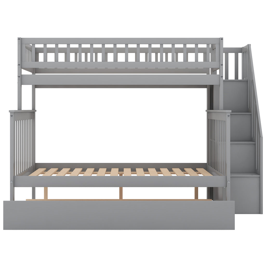 Spacey Twin over Full Bunk Bed with Trundle and Staircase, Grey - Grand Goldman Shop