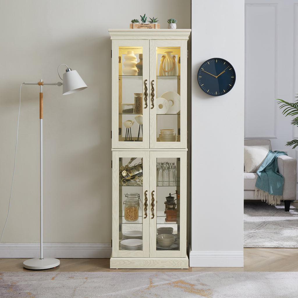 Lighted Glass Curio Display Cabinet,Display Cabinet,Glass Storage Cabinet Glass Wine cabinet Wood Frame Toy Display for Living Room, Kitchen, Pantry light bulb included Antique white - Grand Goldman Shop
