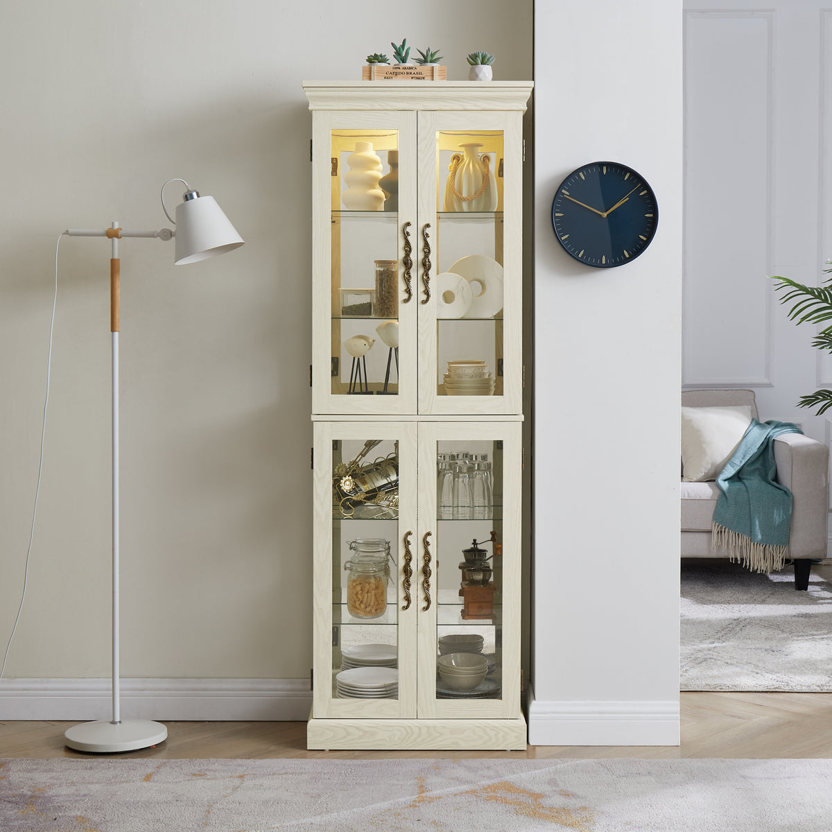Lighted Glass Curio Display Cabinet,Display Cabinet,Glass Storage Cabinet Glass Wine cabinet Wood Frame Toy Display for Living Room, Kitchen, Pantry light bulb included Antique white - Grand Goldman Shop