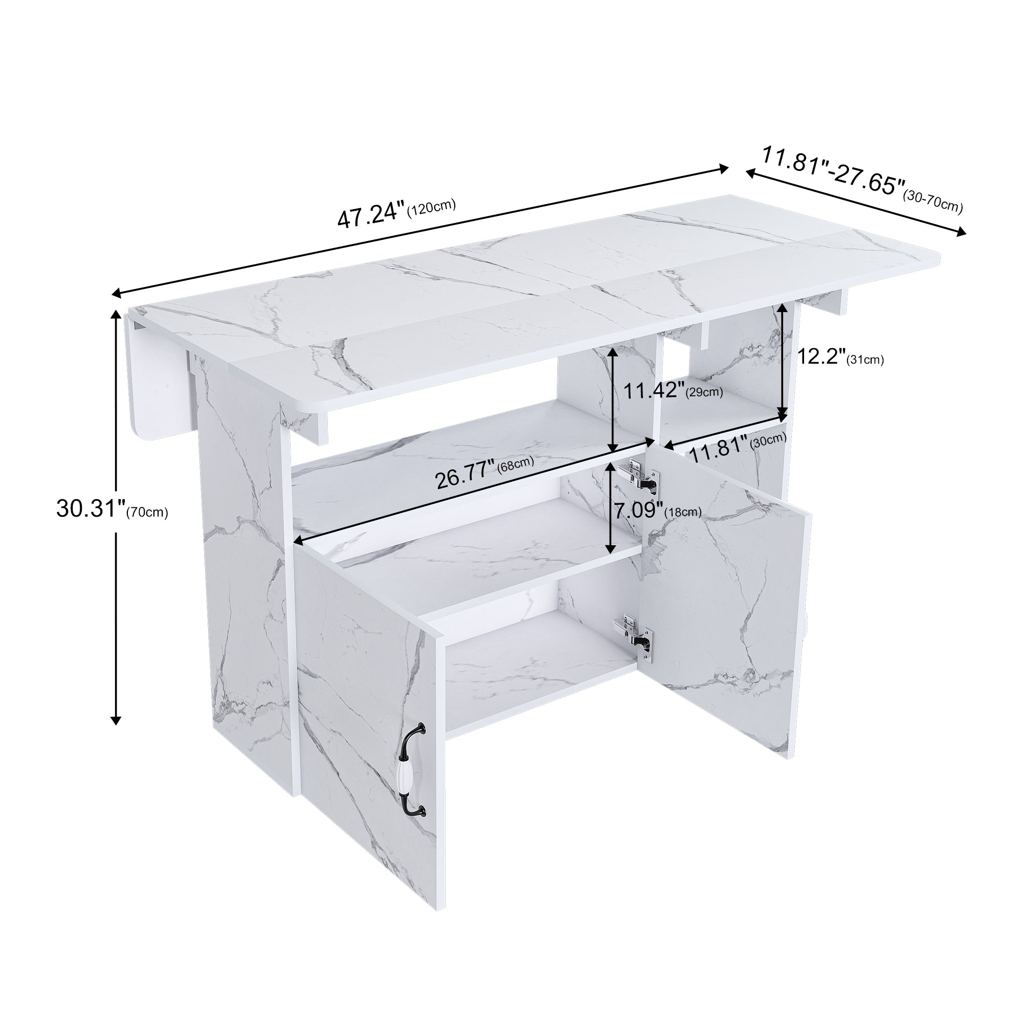 Multi-Functional Folding Table with Storage Shelves and Wheels, 47 Inch White MDF Compact Desk for Kitchen, Dorm, or Office - Grand Goldman Shop