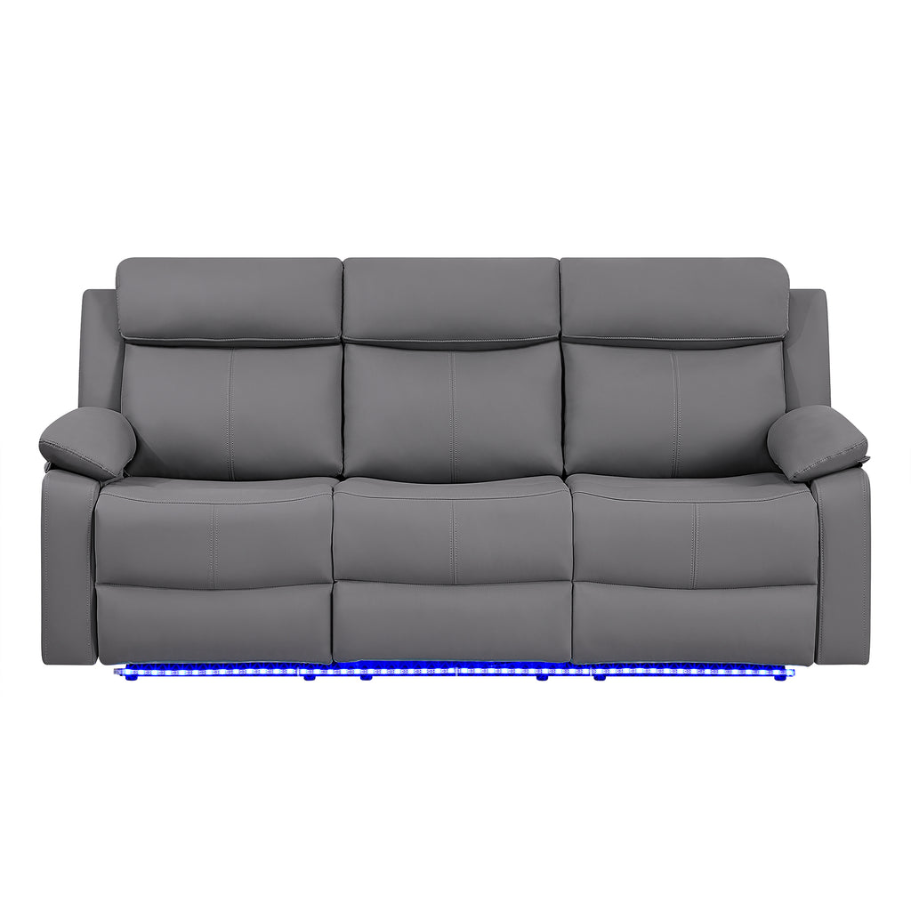 Blanche Grey 2PC Reclining Sofa and Loveseat with LED Lights and Speakers in Grey Upholstered Fabric, Medium Firm Seating, Includes Console Storage and Integrated Speakers - Grand Goldman Shop