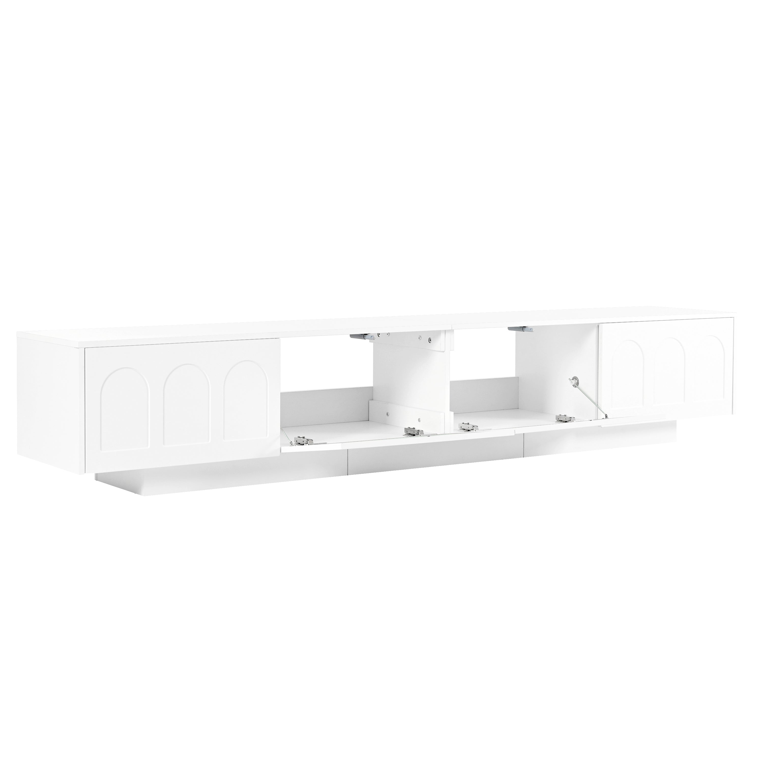 ON-TREND TV Stand with Fluted tempered Glass Doors for TVs Up to 95'', Functional Media Console with Arched Cabinet Doors, Entertainment Center with APP-Controlled LED Light for Living Room, White - Grand Goldman Shop