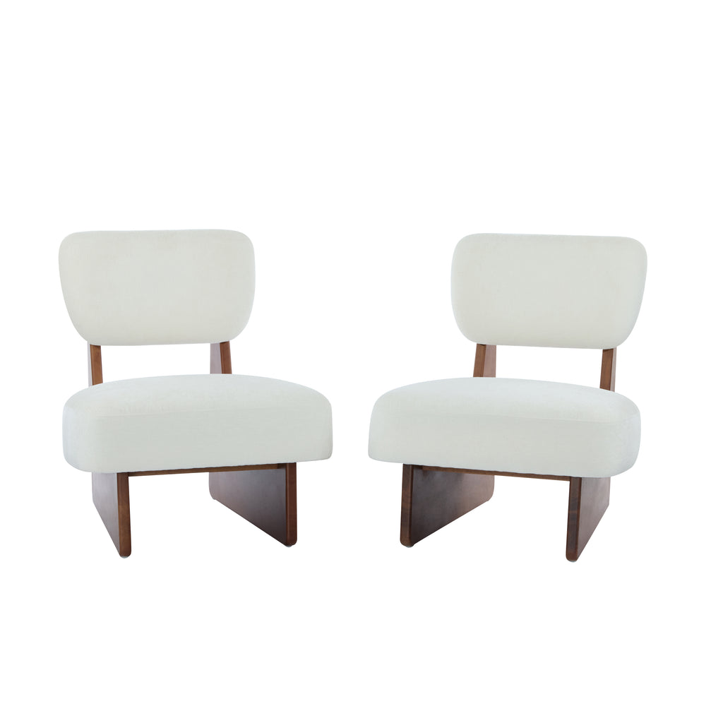 [Set of 2] Modern Beige Lounge Chair with Polyester Upholstery, Sturdy Wood Base With Walnut Finish, Minimalist and Stylish Accent Seating for Living Room, Bedroom, or Office - Grand Goldman Shop