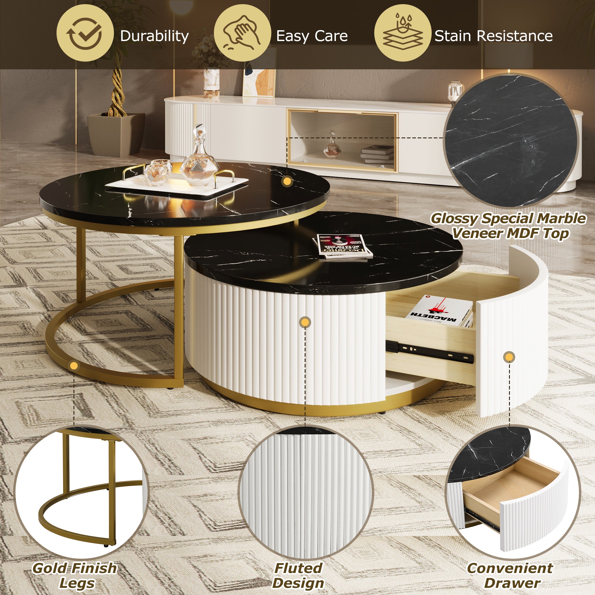 Modern Round Nesting Coffee Table Fluted with Drawer in Black & Gold in 31.5'' - Grand Goldman Shop