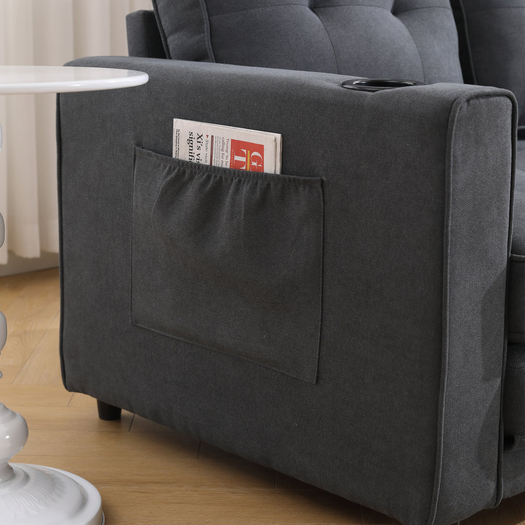 {VIDEO Provided}3-in-1 Upholstered Futon Sofa Convertible Sofa bed,Foldable Tufted Loveseat with Pull Out Sleeper Couch Bed,Folding Mattres Love Seat Daybed W/Side Pockets and Cup Holder, Dark Gray - Grand Goldman Shop