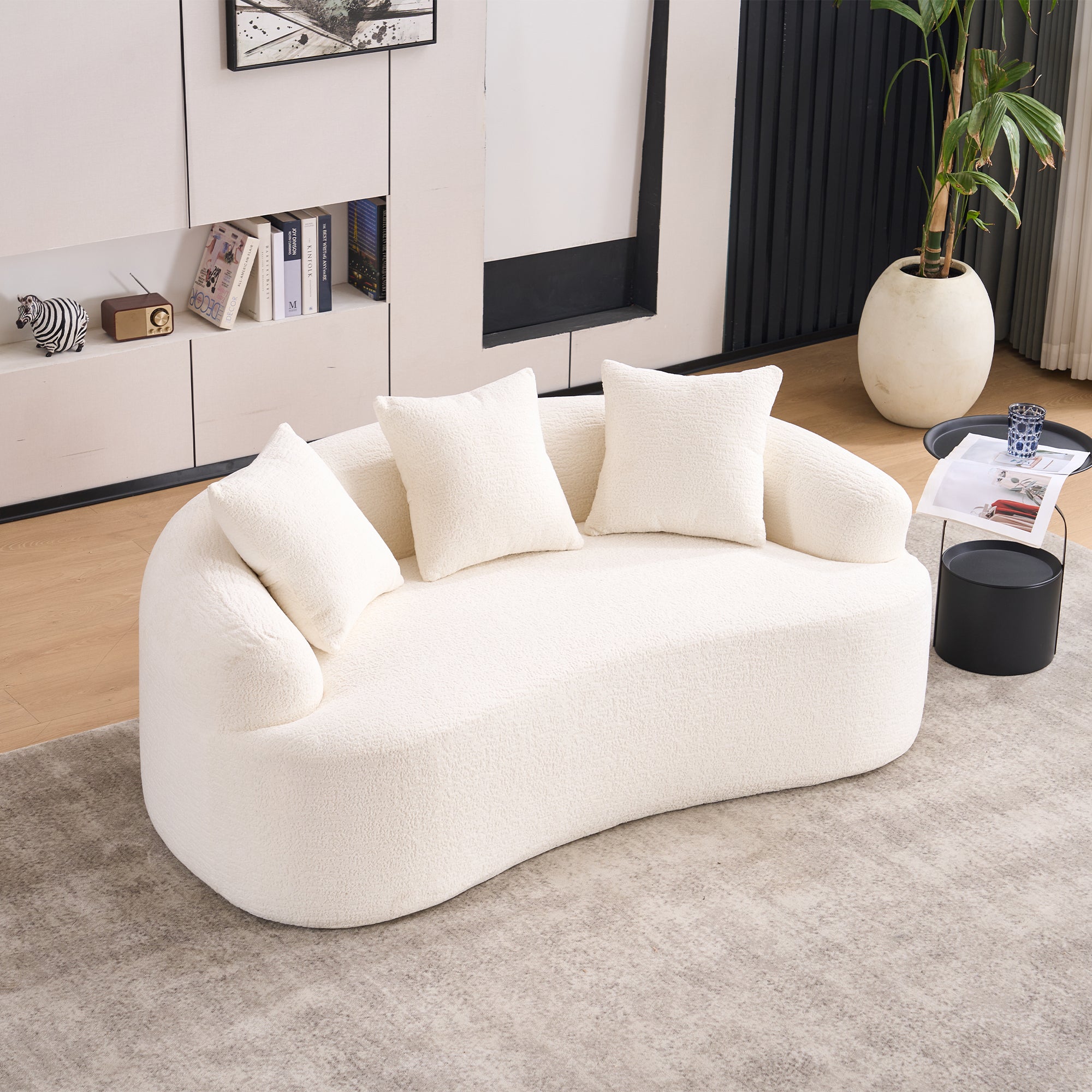 LY-025S Loveseat Sofa with Wood Grain Chenille Fabric, Cloud White High-Density Sponge Couch, Compact Design for Small Spaces - Grand Goldman Shop