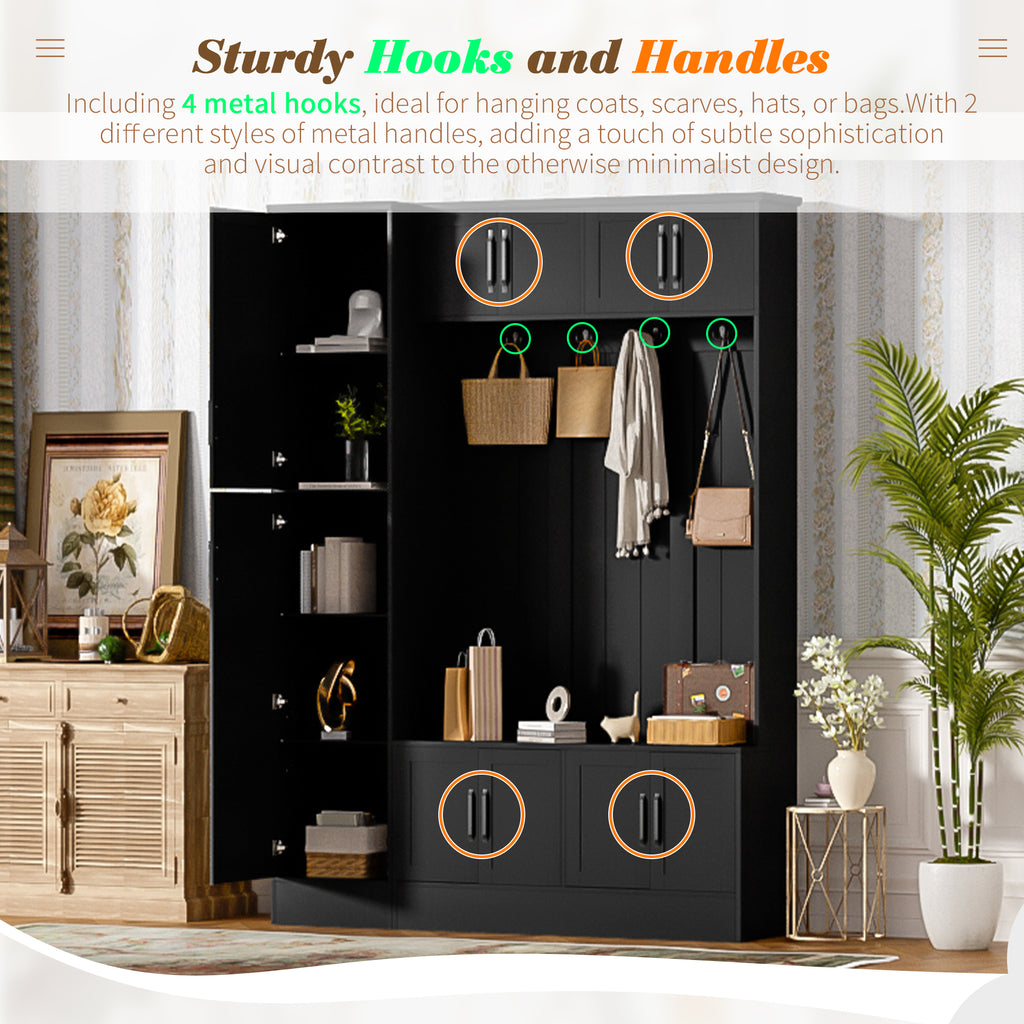 VIBE HAUS 79'' Tall Modern Hall Tree with Shoe Storage, 4-in-1 Entryway Bench with 6 Cabinets, 4 Coat Hooks & Adjustable Shelf for Hallway, living room, Black - Grand Goldman Shop